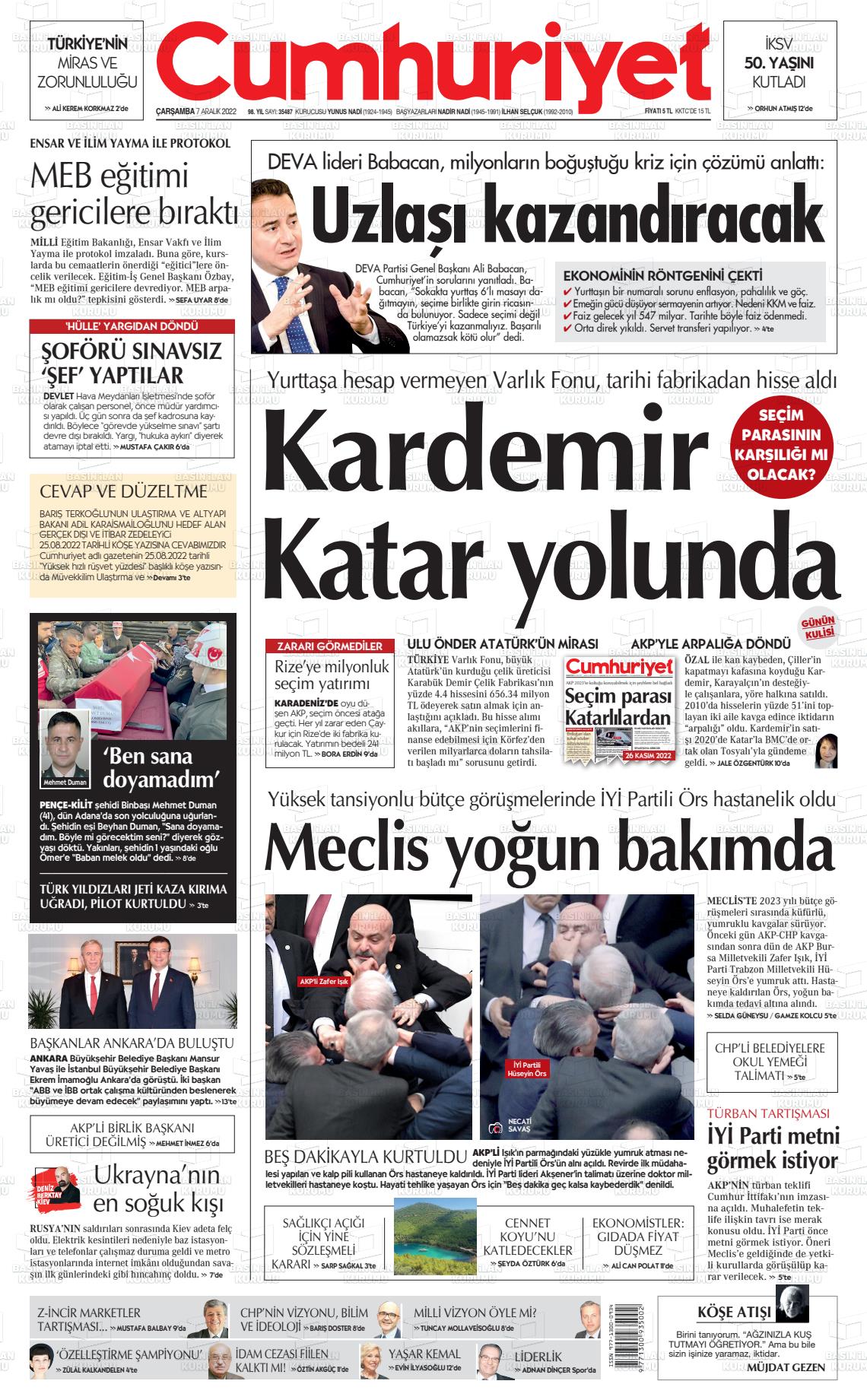 07 Aralık 2022 Cumhuriyet Gazete Manşeti