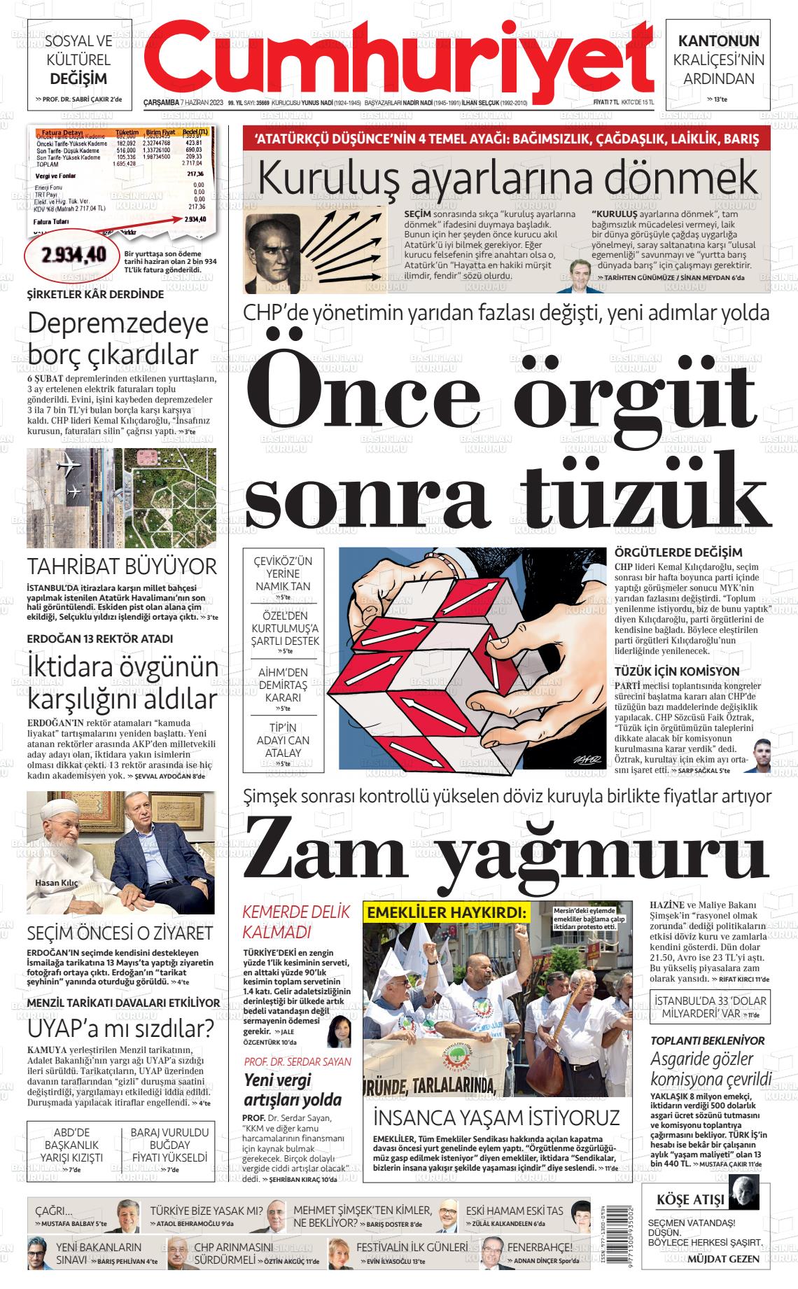 07 Haziran 2023 Cumhuriyet Gazete Manşeti