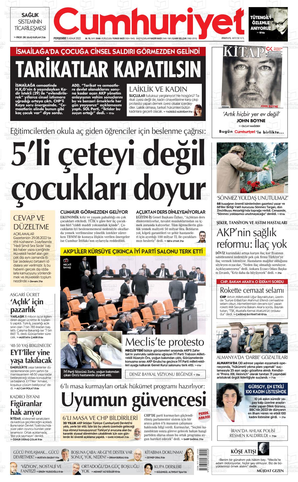 08 Aralık 2022 Cumhuriyet Gazete Manşeti