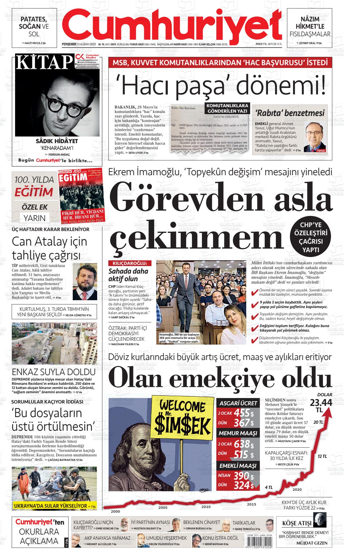 08 Haziran 2023 Cumhuriyet Gazete Manşeti
