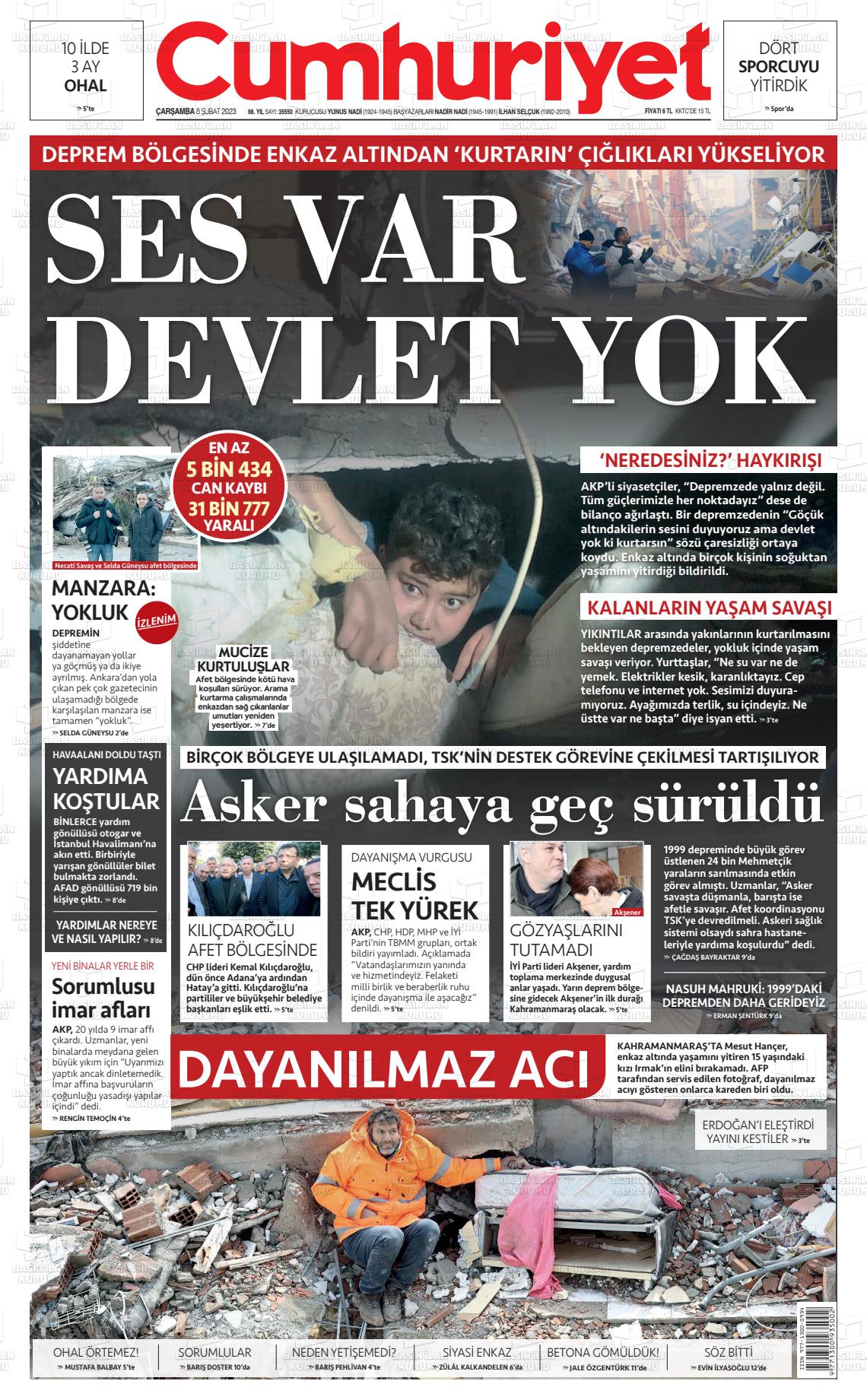 08 Şubat 2023 Cumhuriyet Gazete Manşeti