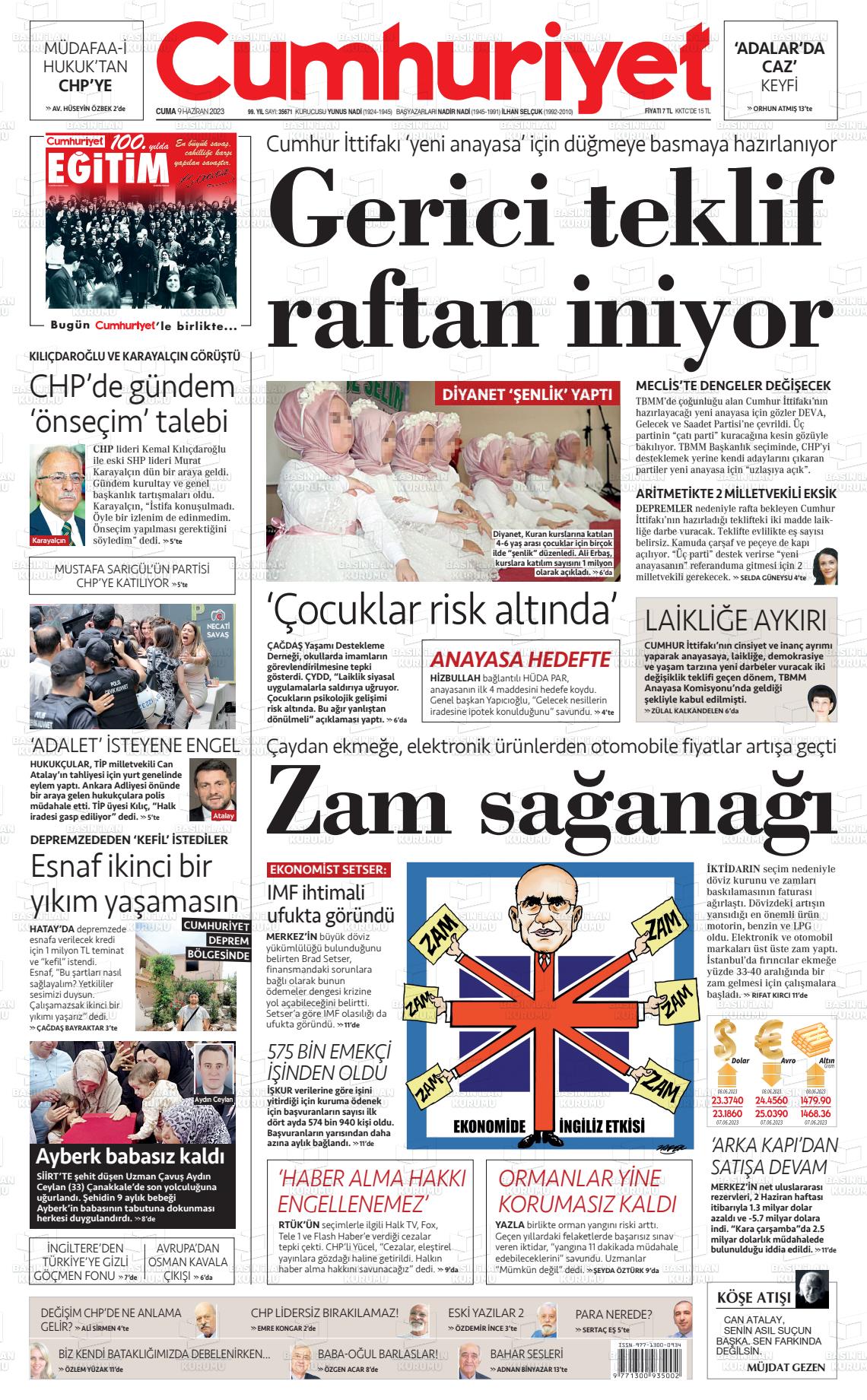 09 Haziran 2023 Cumhuriyet Gazete Manşeti