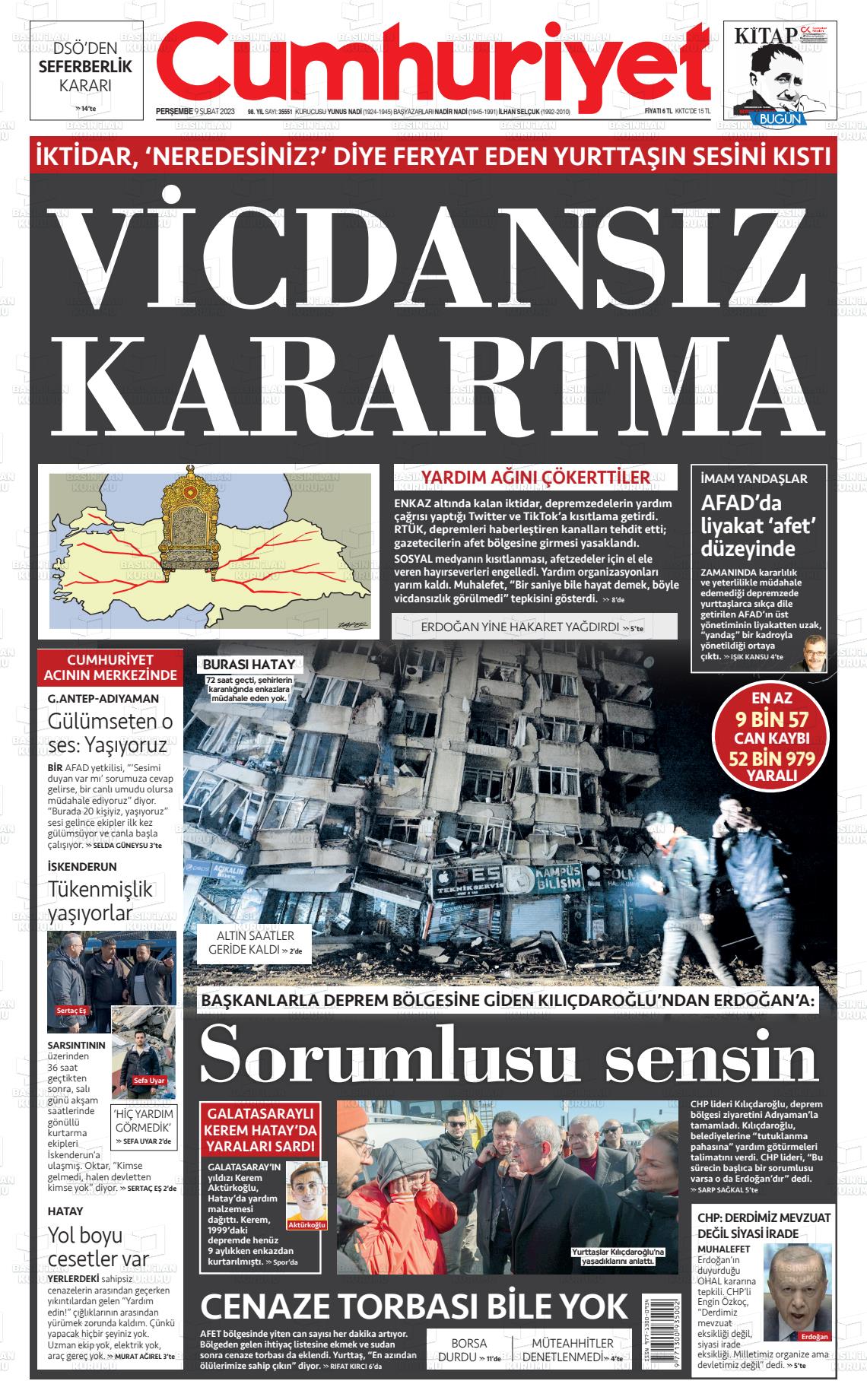 09 Şubat 2023 Cumhuriyet Gazete Manşeti