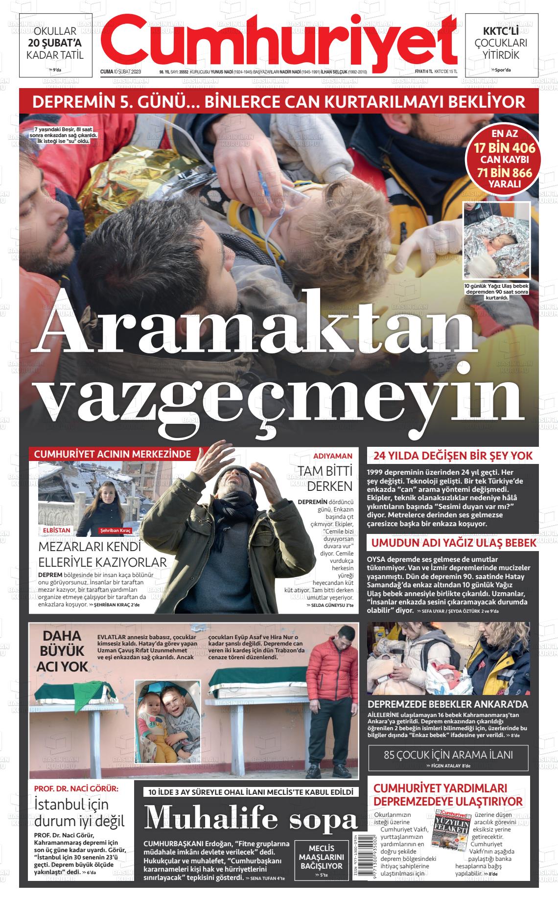 10 Şubat 2023 Cumhuriyet Gazete Manşeti