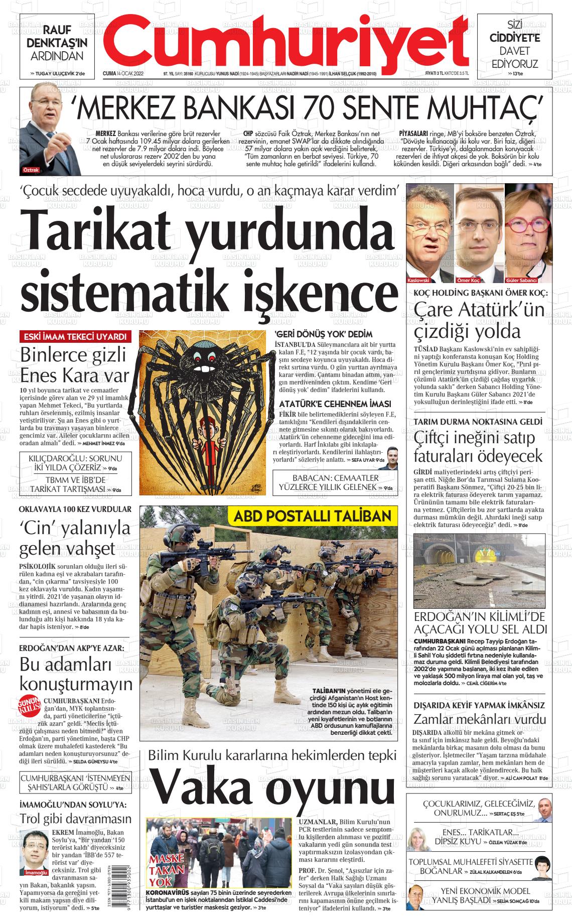 14 Ocak 2022 Cumhuriyet Gazete Manşeti