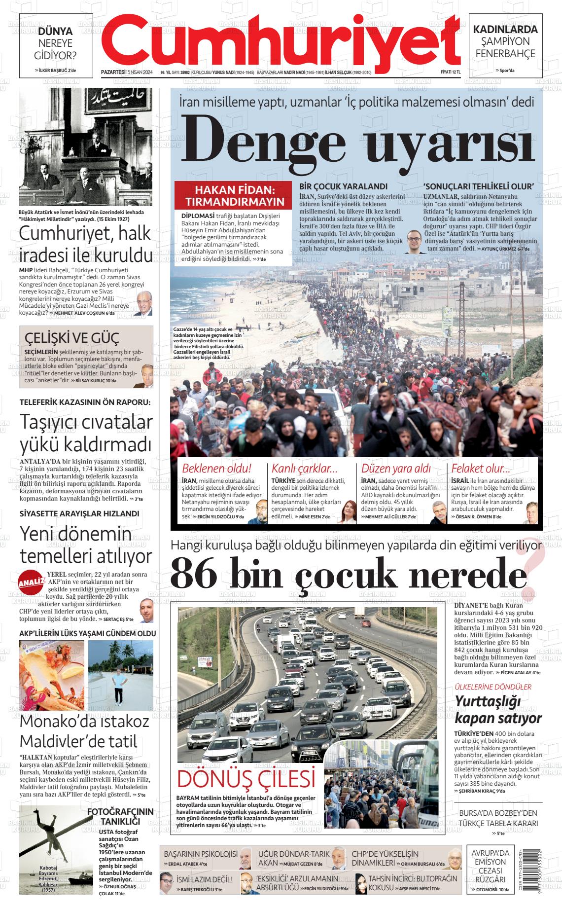 15 Nisan 2024 Cumhuriyet Gazete Manşeti