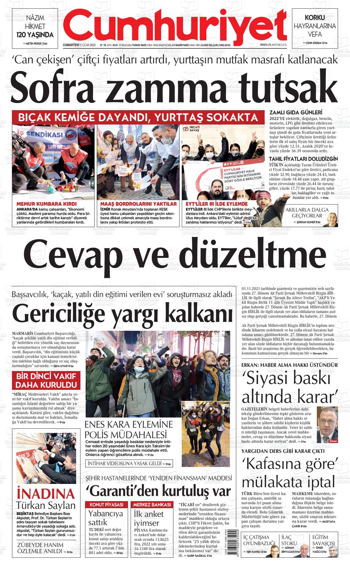 15 Ocak 2022 Cumhuriyet Gazete Manşeti
