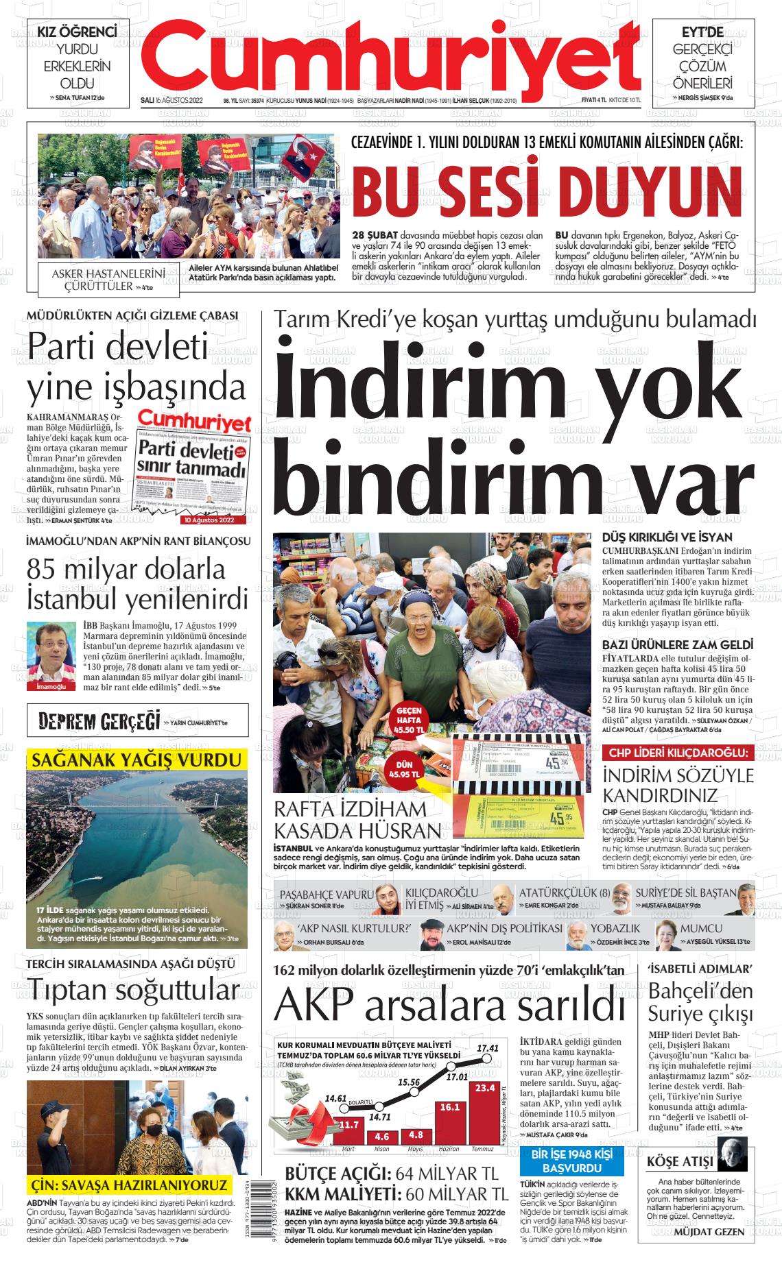 16 Ağustos 2022 Cumhuriyet Gazete Manşeti