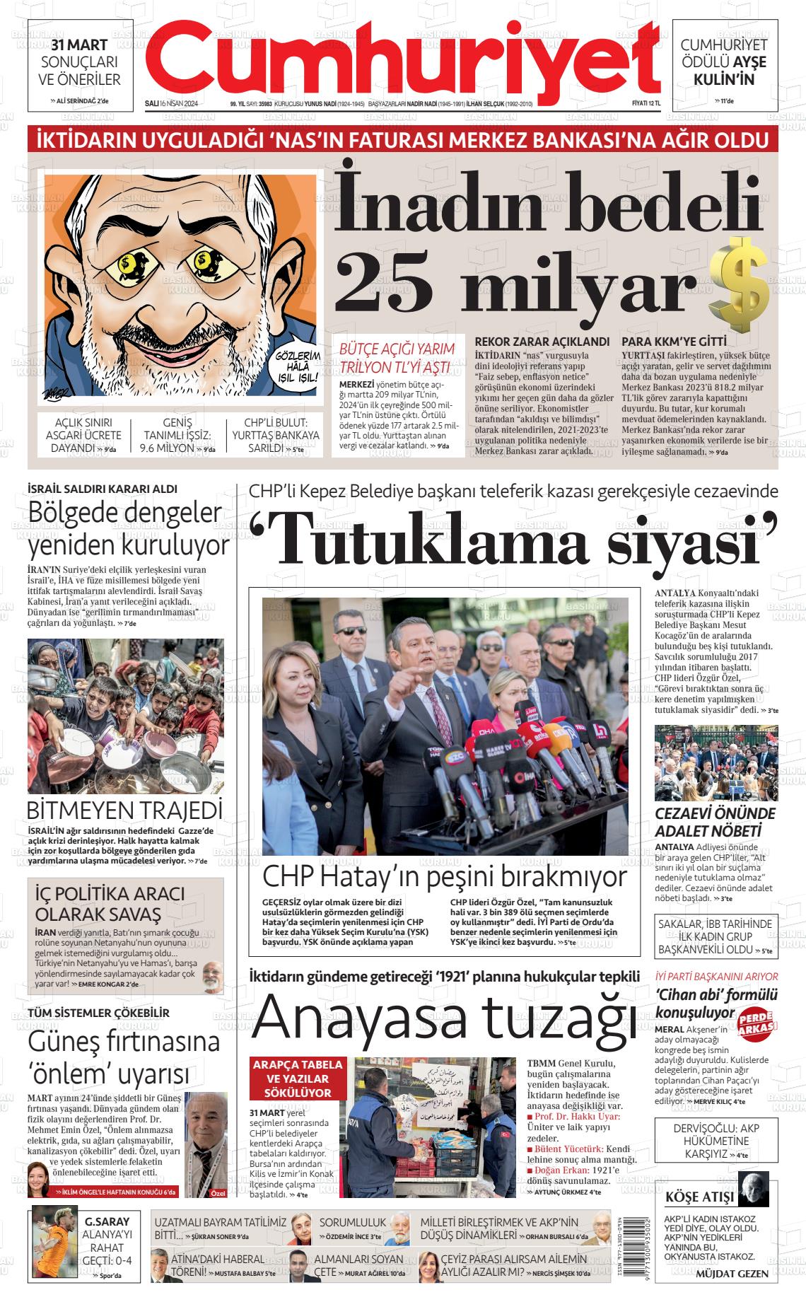 18 Nisan 2024 Cumhuriyet Gazete Manşeti