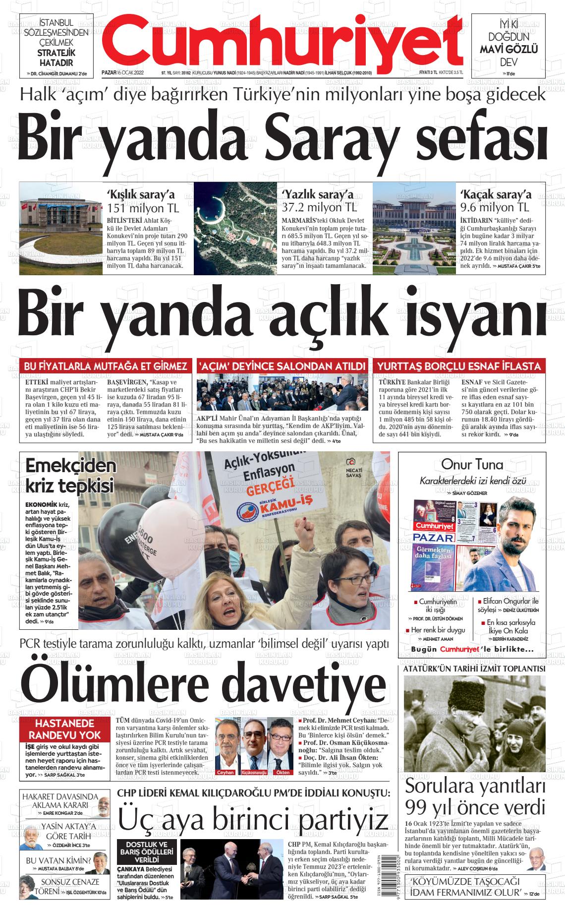 16 Ocak 2022 Cumhuriyet Gazete Manşeti