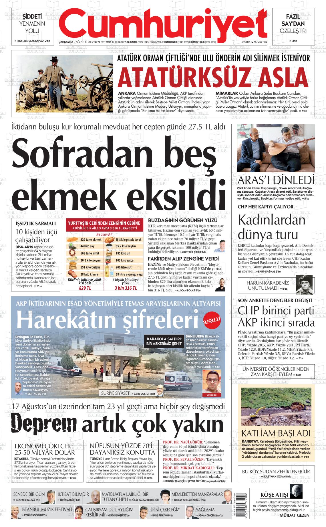 17 Ağustos 2022 Cumhuriyet Gazete Manşeti