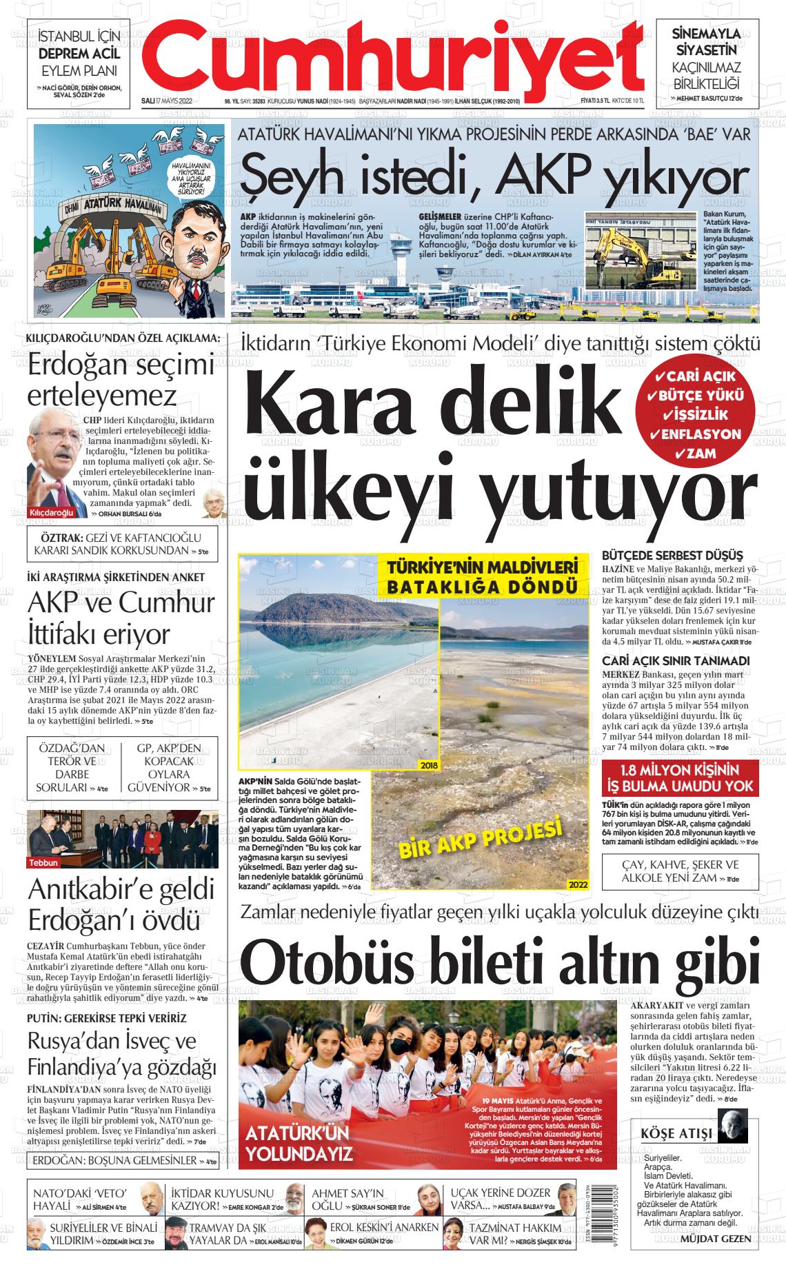 17 Mayıs 2022 Cumhuriyet Gazete Manşeti