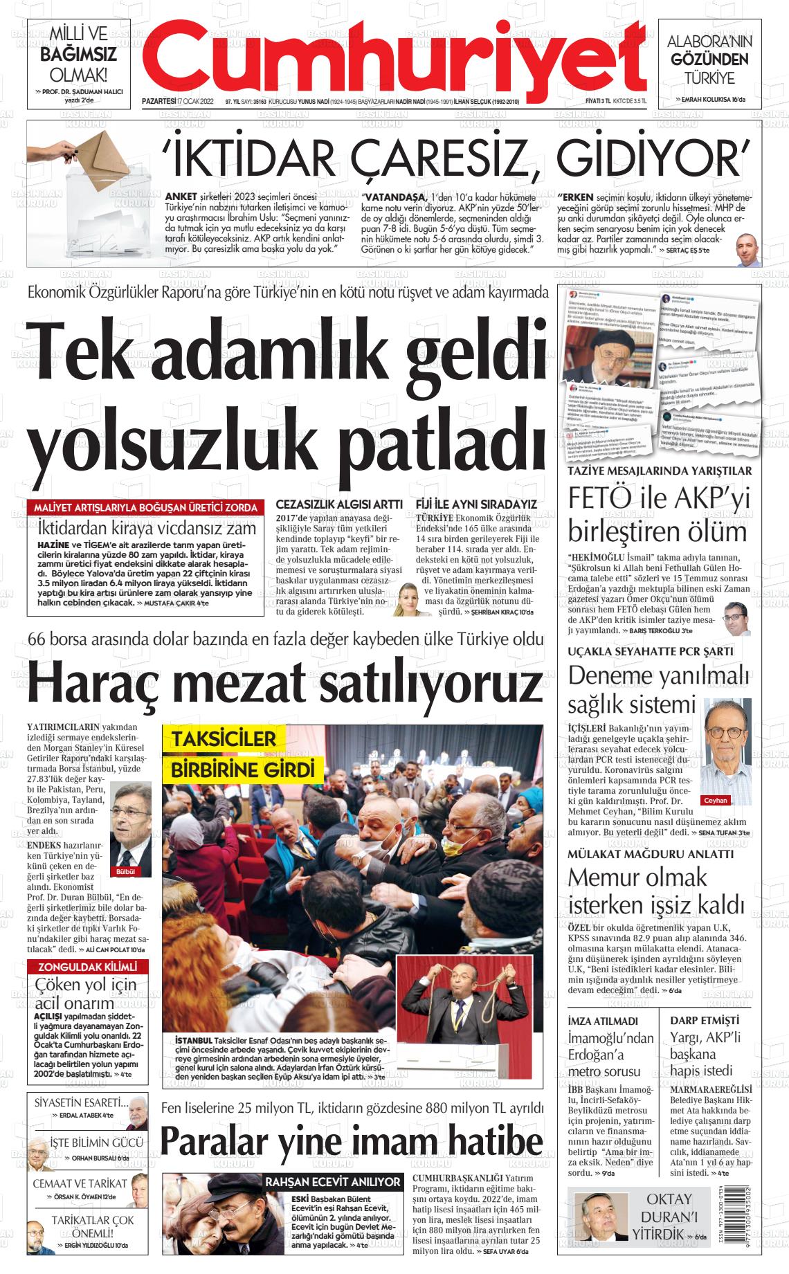 17 Ocak 2022 Cumhuriyet Gazete Manşeti