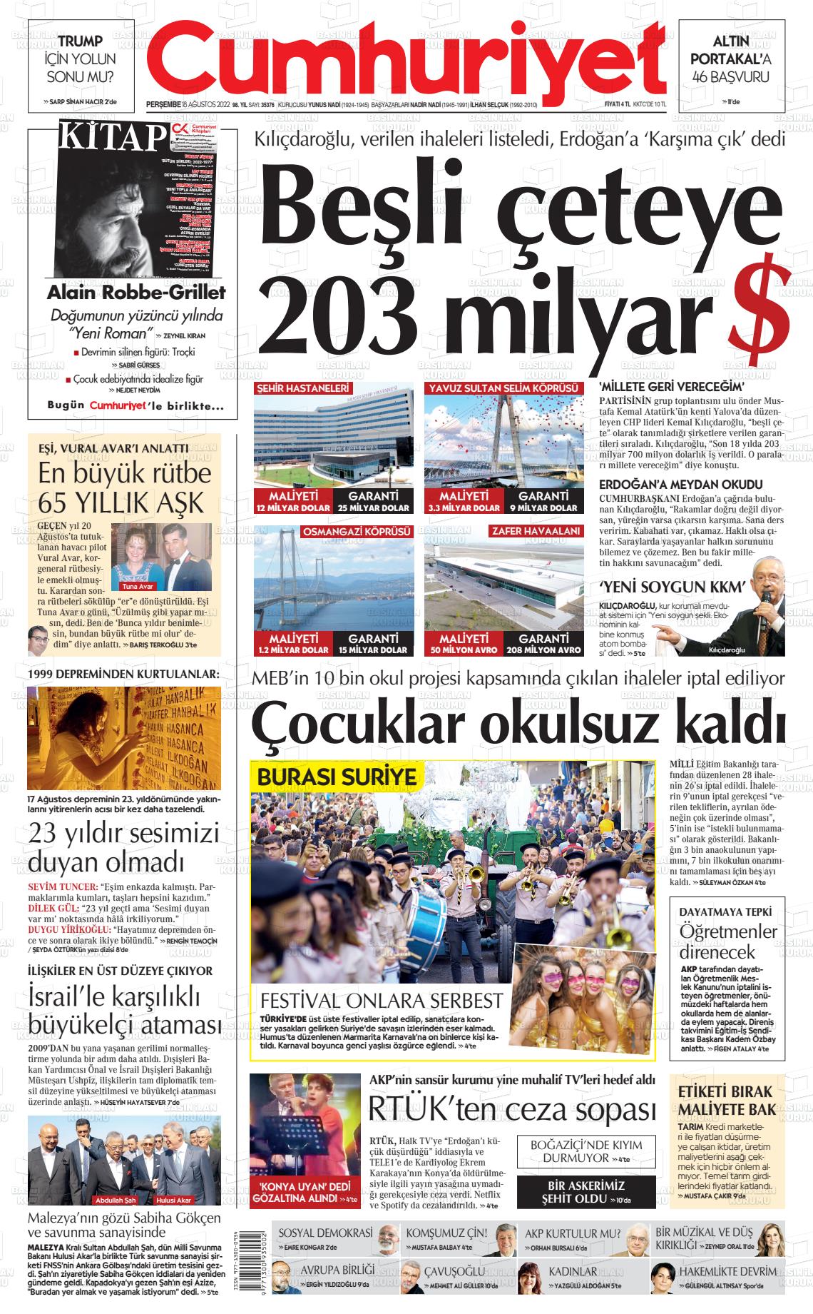 18 Ağustos 2022 Cumhuriyet Gazete Manşeti