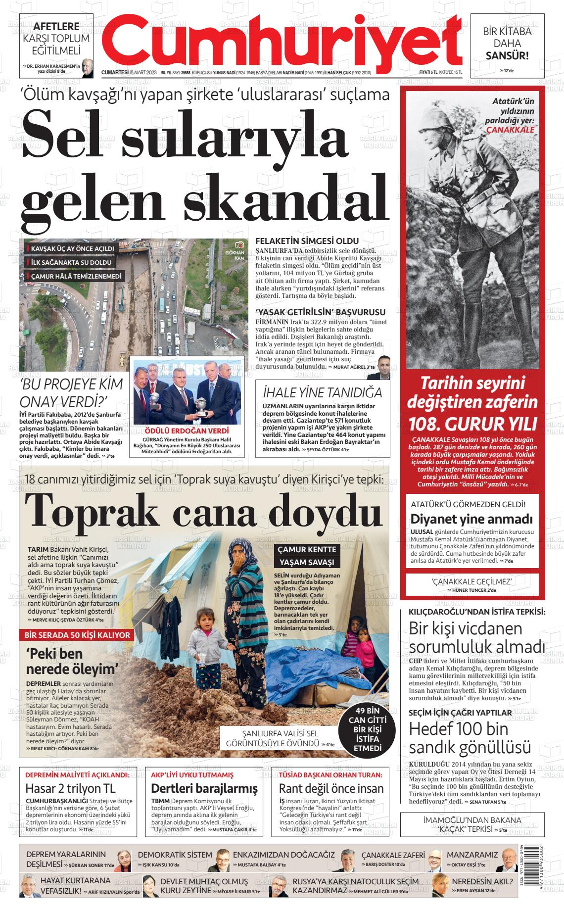 18 Mart 2023 Cumhuriyet Gazete Manşeti