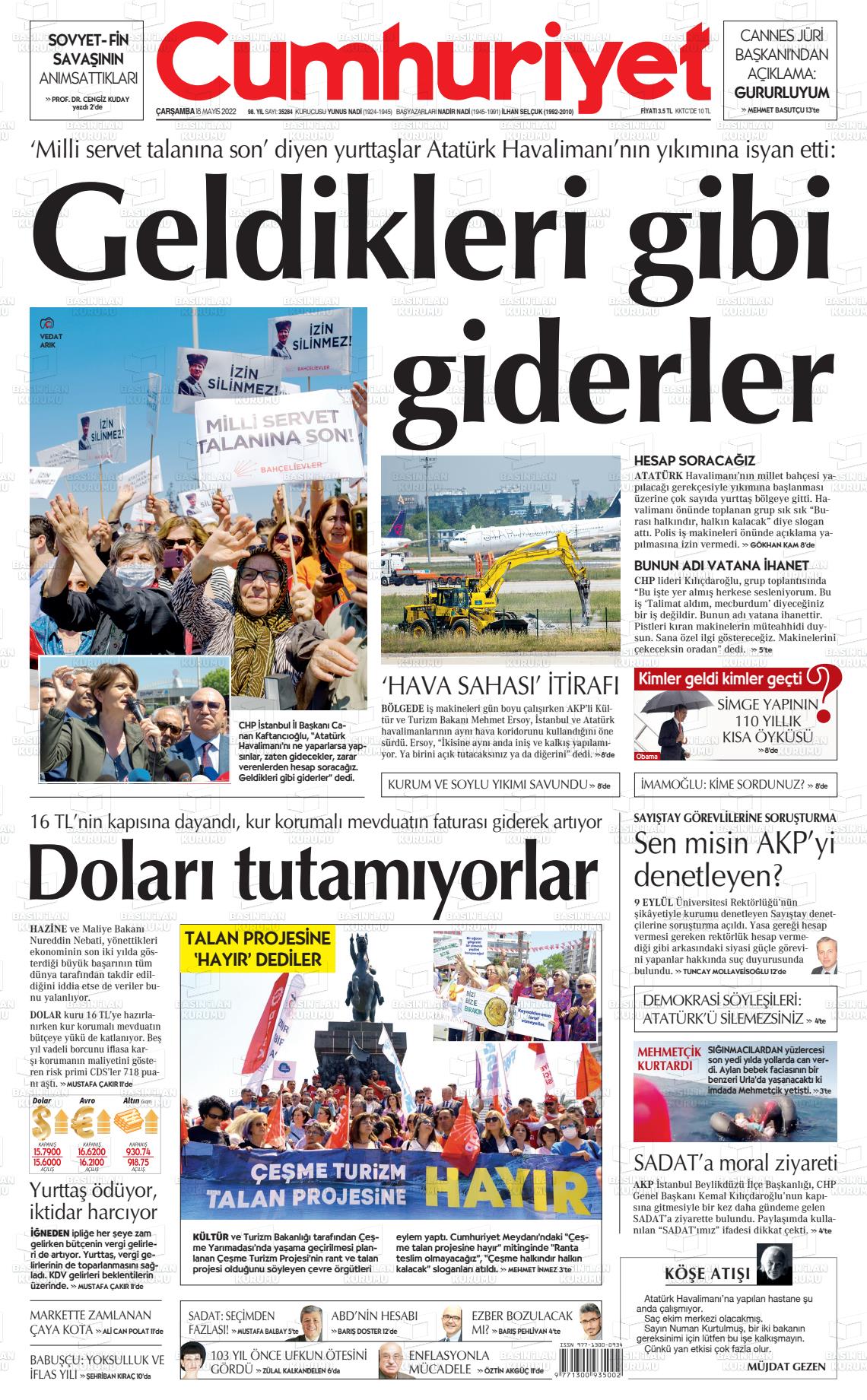 18 Mayıs 2022 Cumhuriyet Gazete Manşeti
