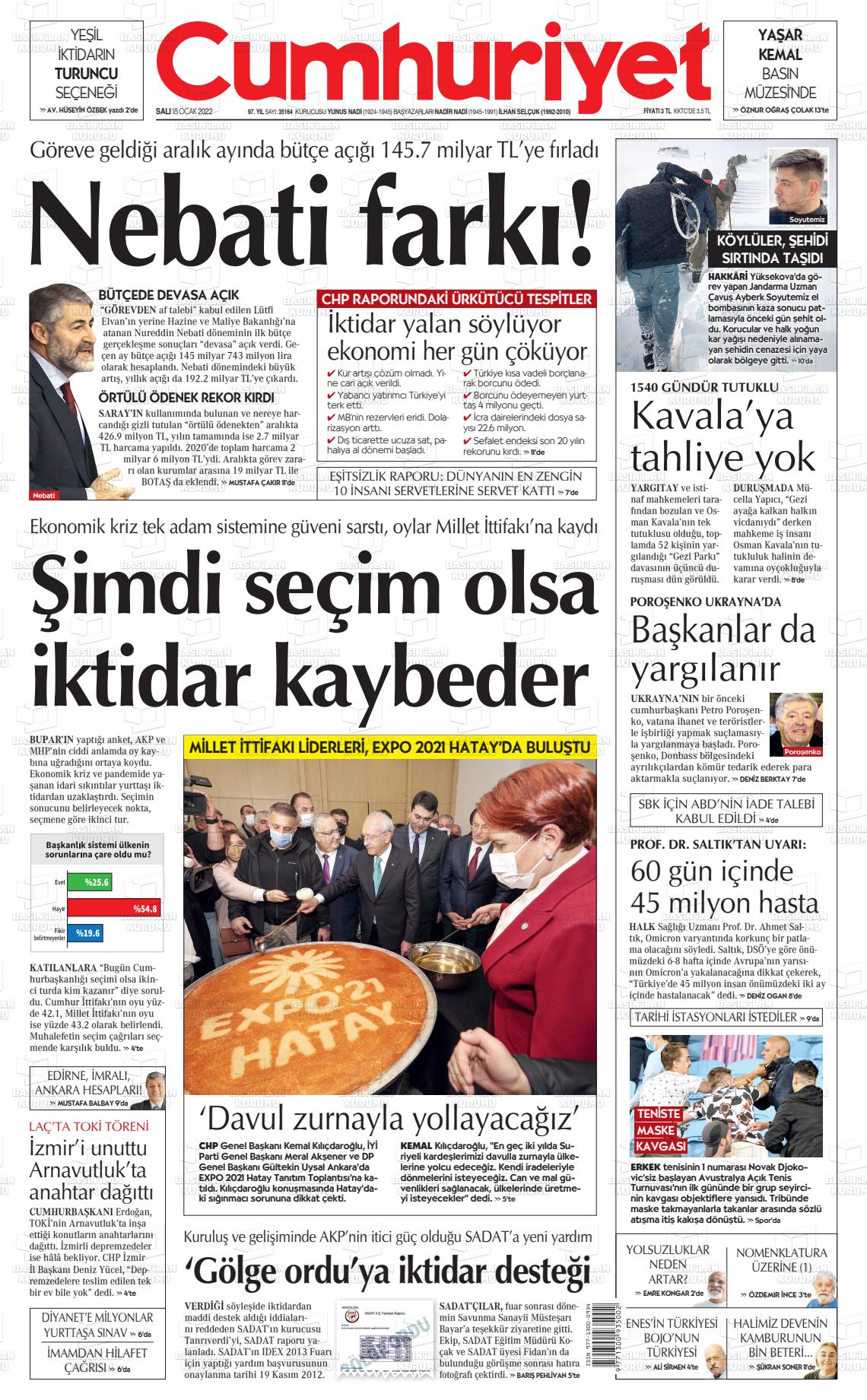 18 Ocak 2022 Cumhuriyet Gazete Manşeti