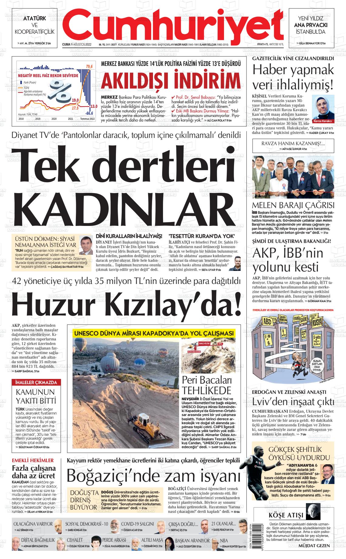 19 Ağustos 2022 Cumhuriyet Gazete Manşeti