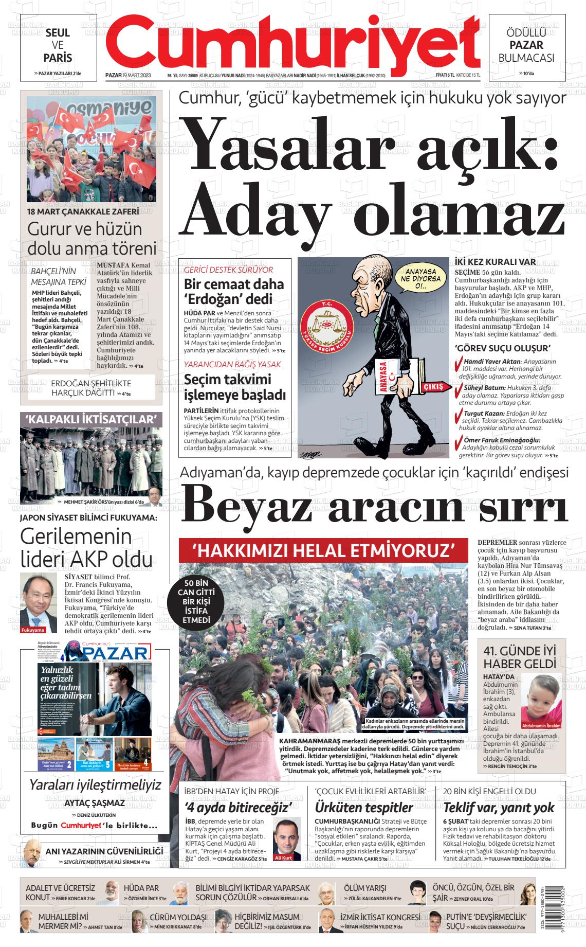 19 Mart 2023 Cumhuriyet Gazete Manşeti