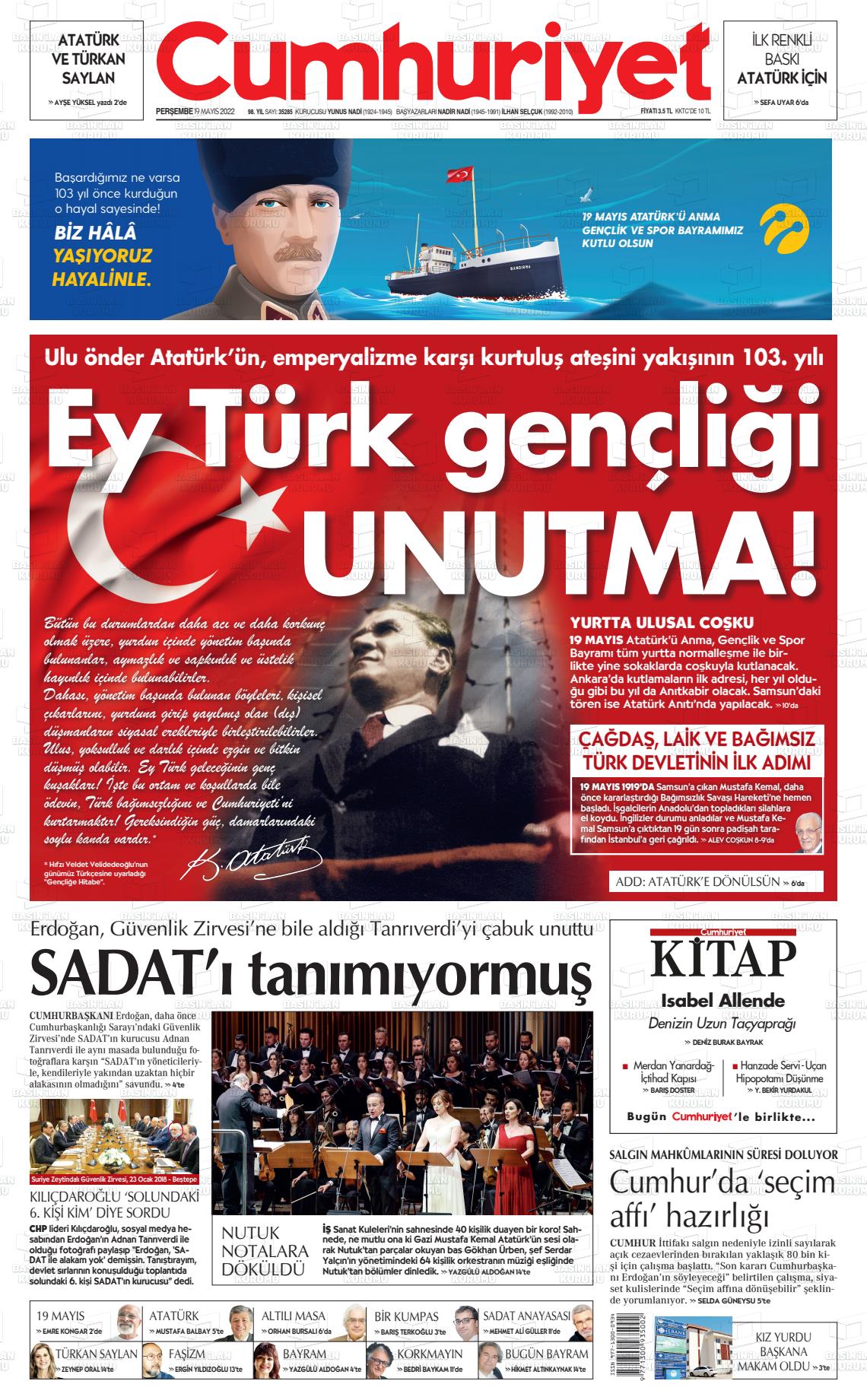 19 Mayıs 2022 Cumhuriyet Gazete Manşeti