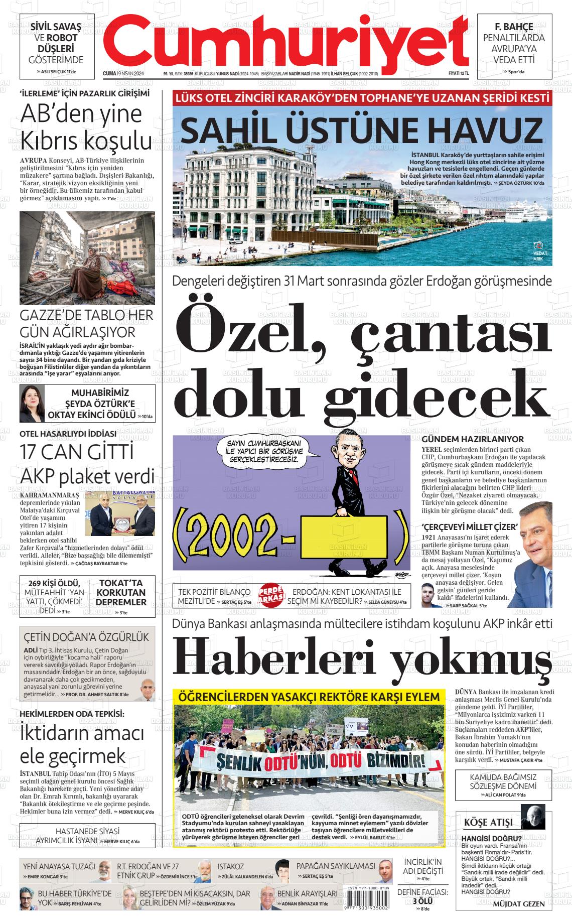19 Nisan 2024 Cumhuriyet Gazete Manşeti