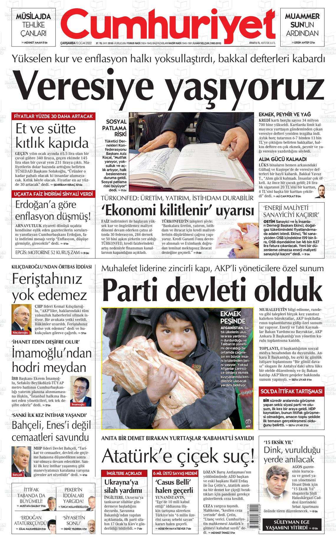 19 Ocak 2022 Cumhuriyet Gazete Manşeti