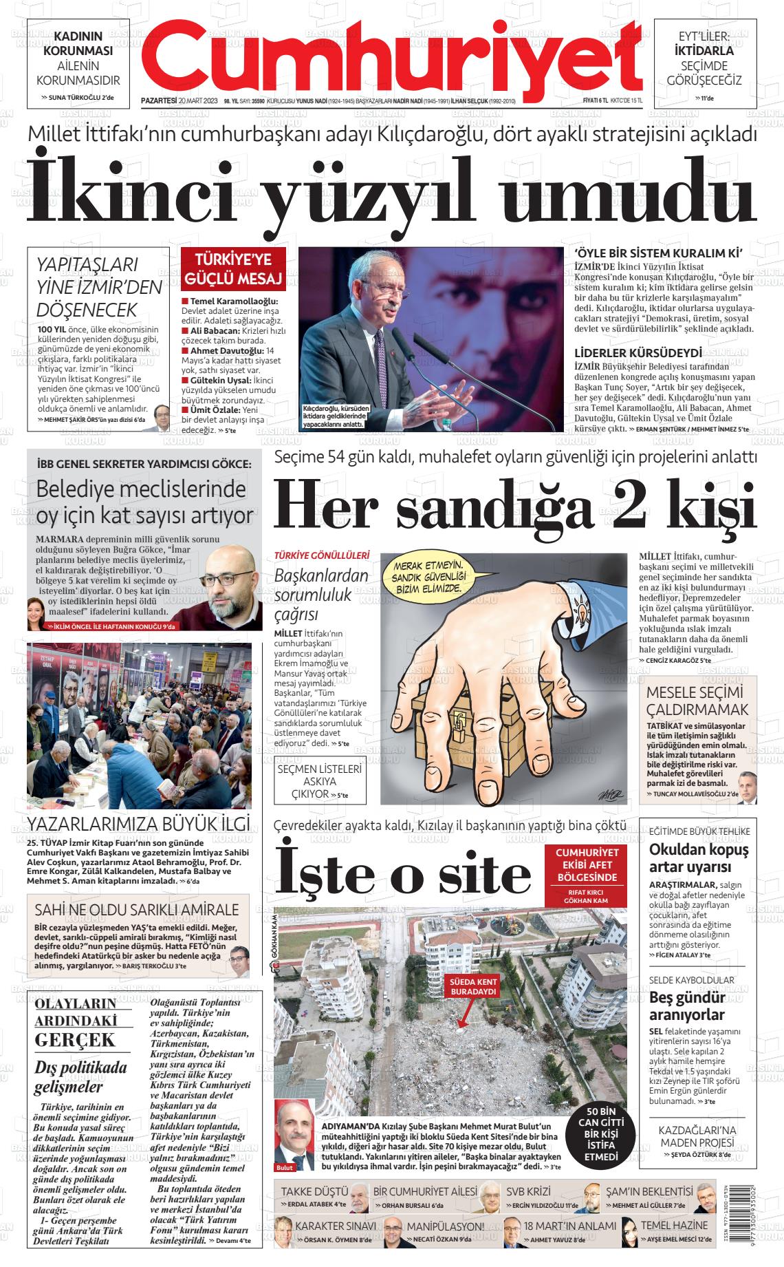 20 Mart 2023 Cumhuriyet Gazete Manşeti