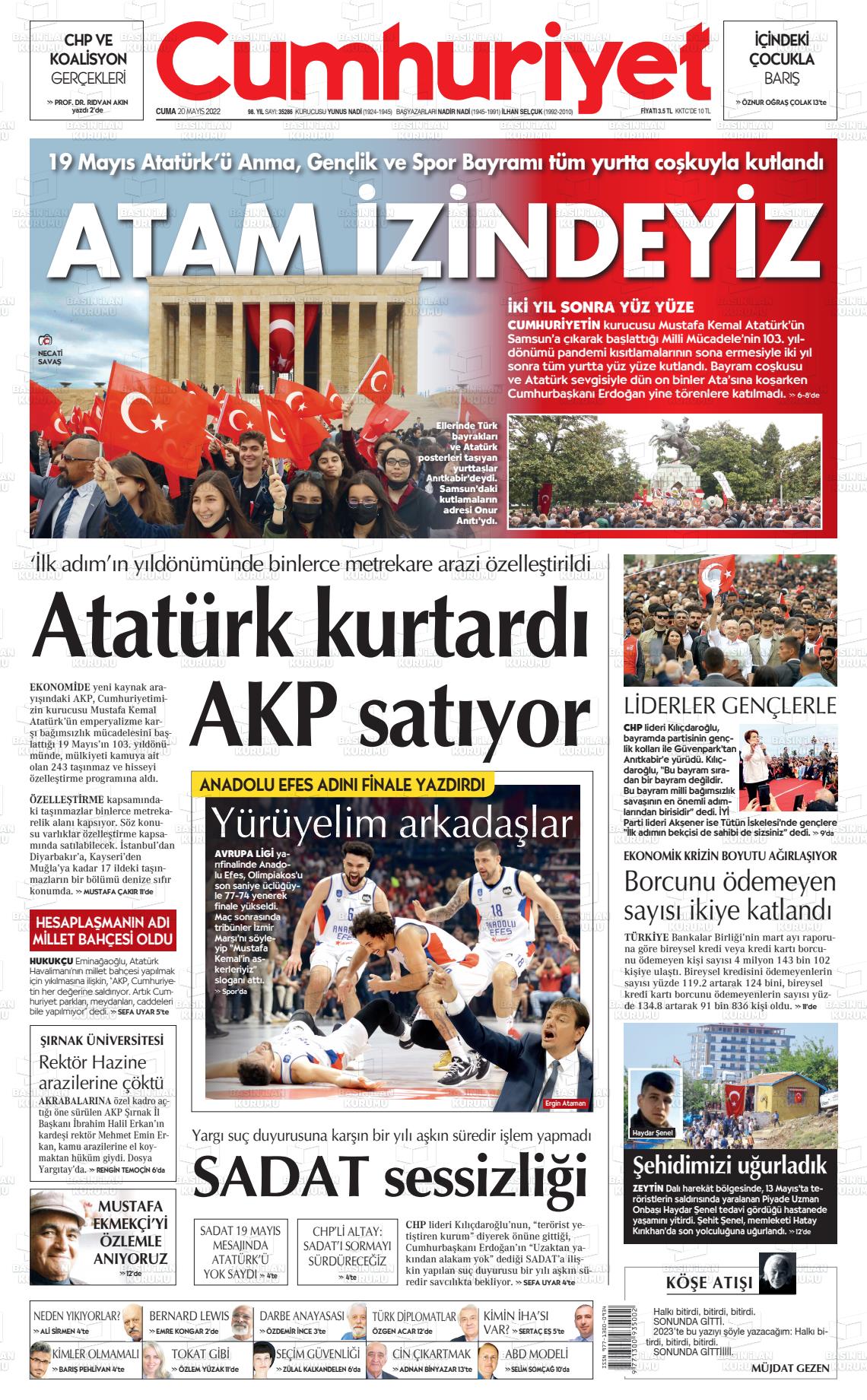 20 Mayıs 2022 Cumhuriyet Gazete Manşeti
