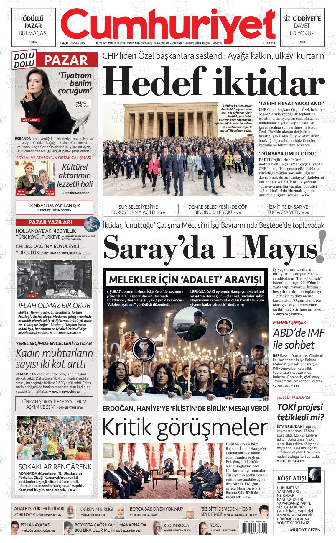 25 Nisan 2024 Cumhuriyet Gazete Manşeti