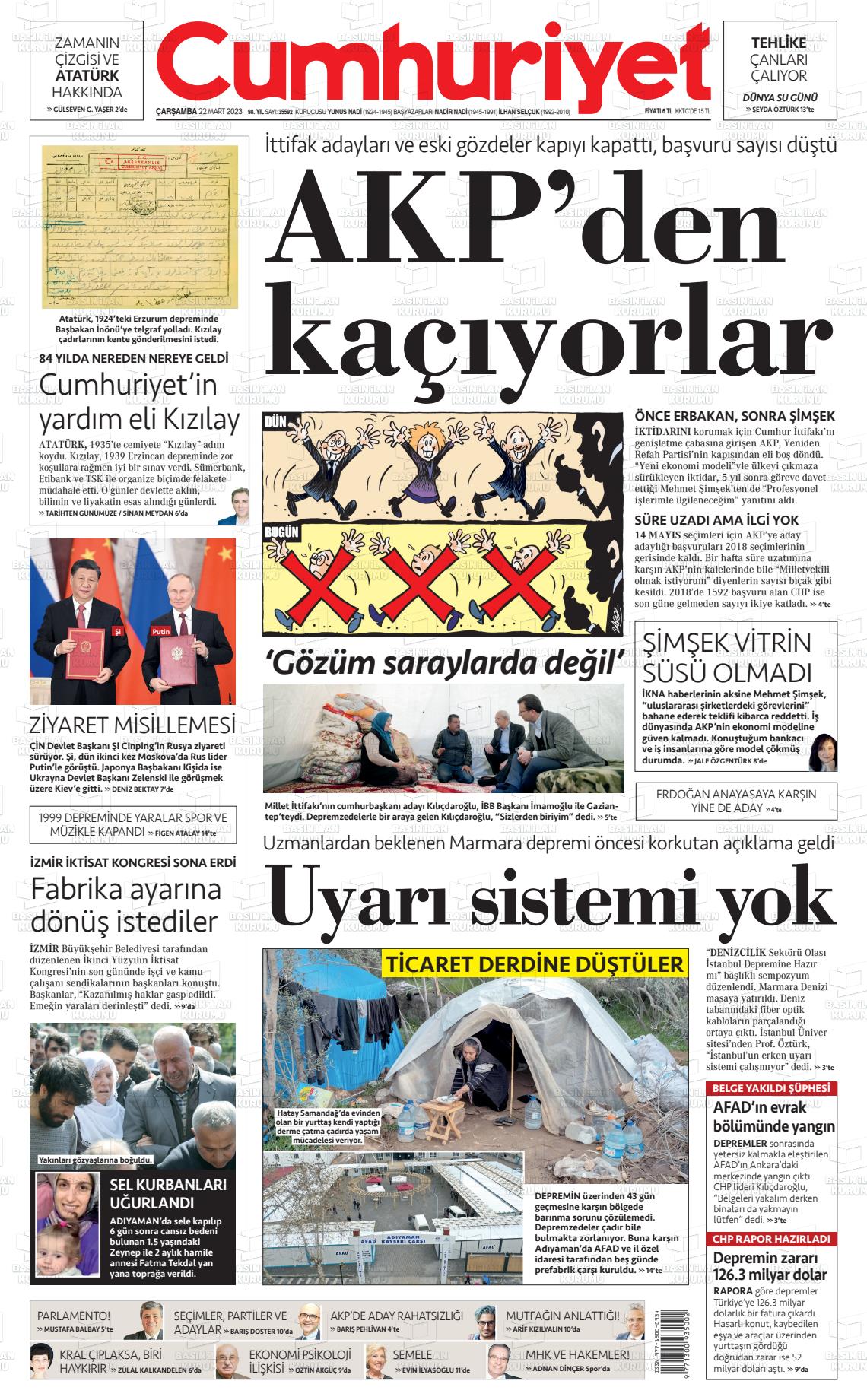 22 Mart 2023 Cumhuriyet Gazete Manşeti