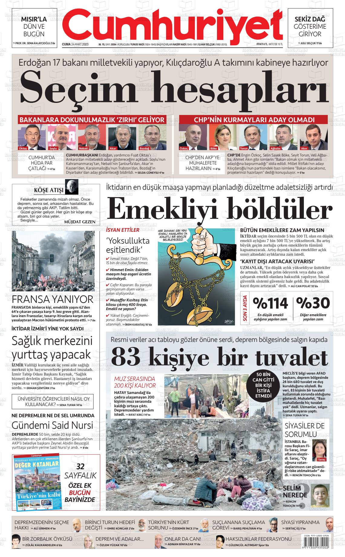 24 Mart 2023 Cumhuriyet Gazete Manşeti