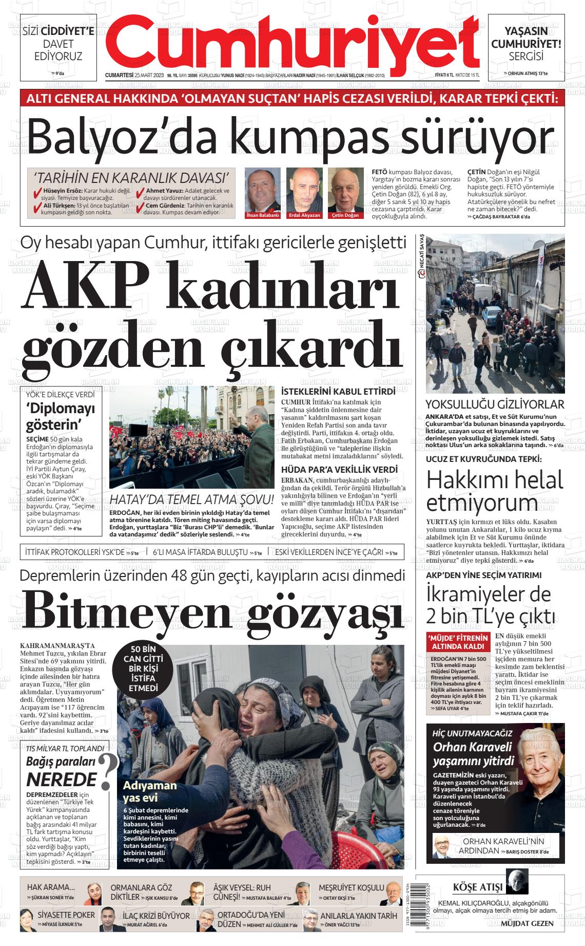 25 Mart 2023 Cumhuriyet Gazete Manşeti