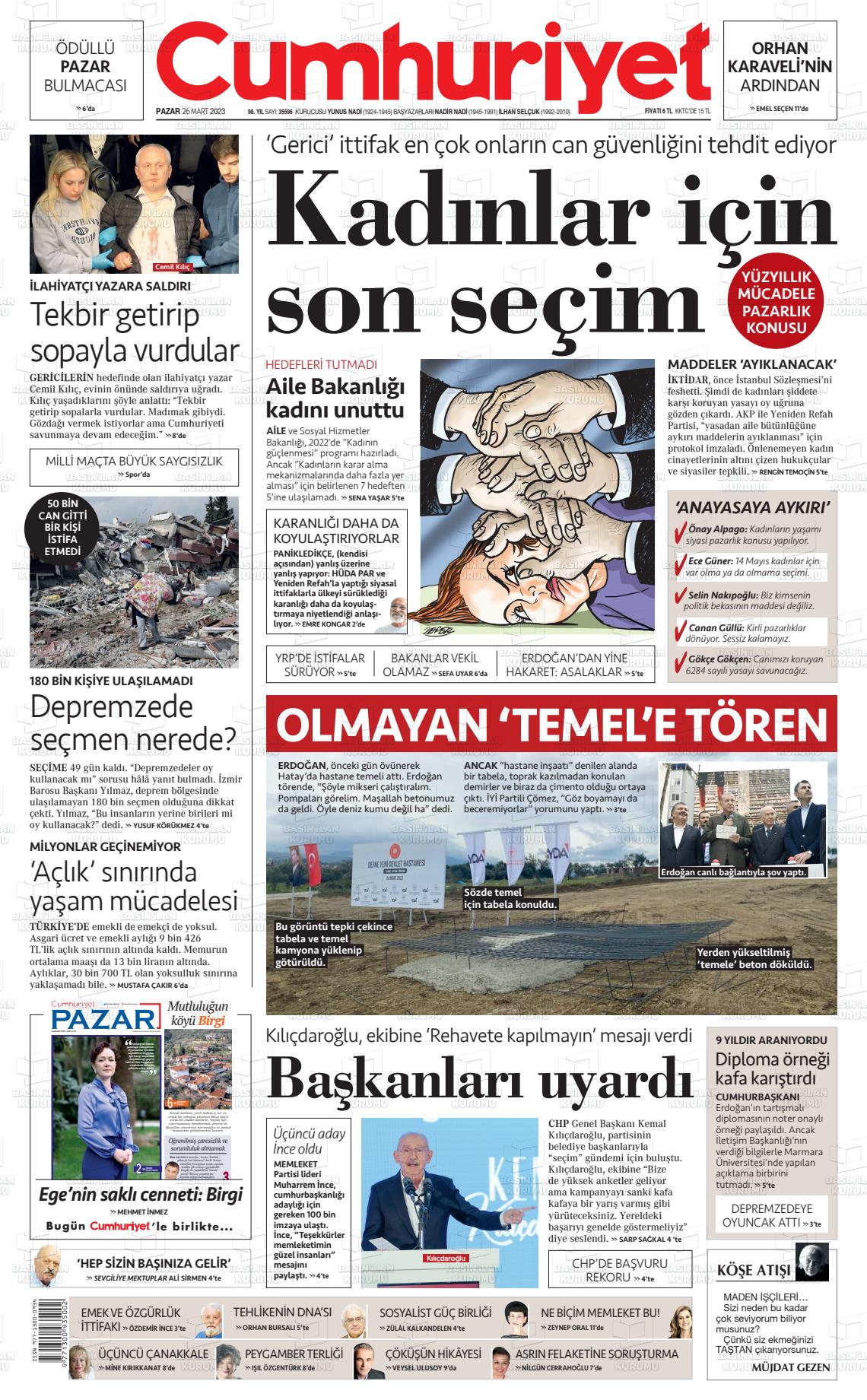 26 Mart 2023 Cumhuriyet Gazete Manşeti
