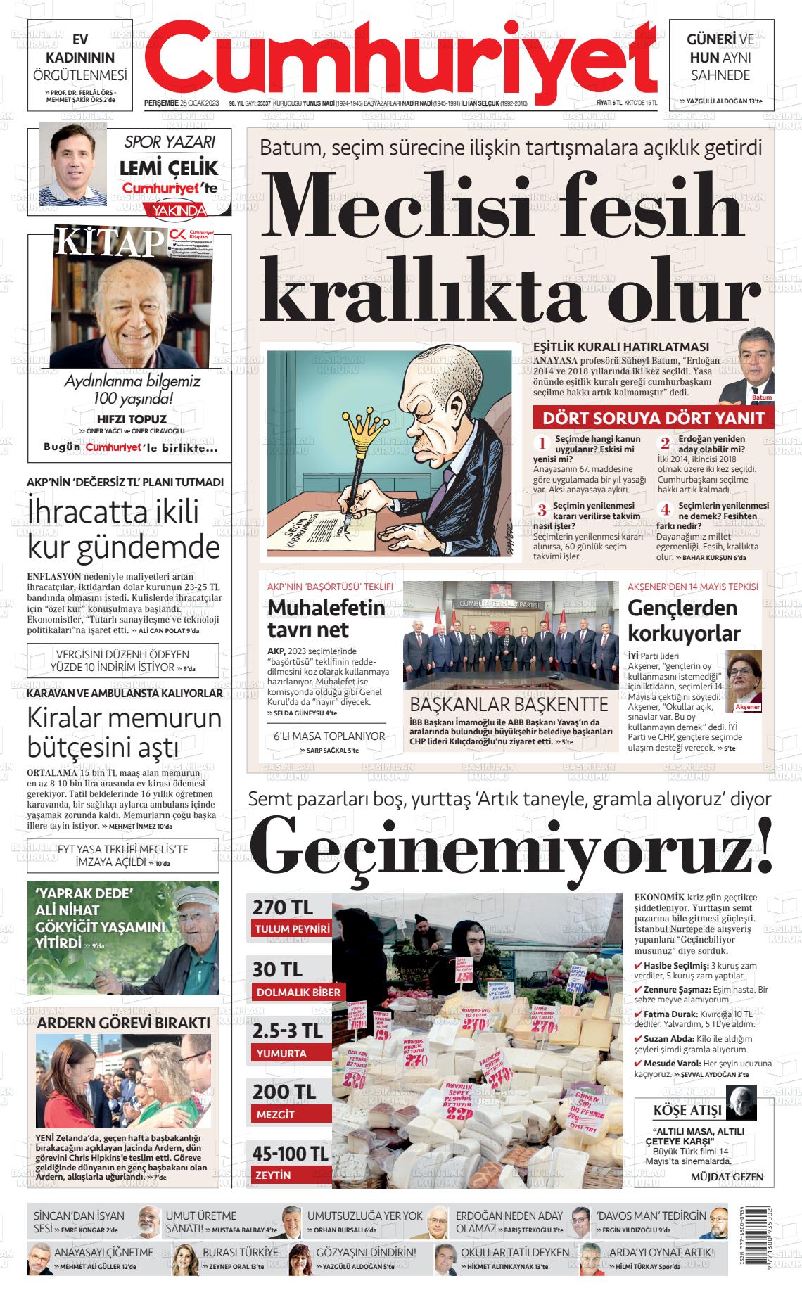 26 Ocak 2023 Cumhuriyet Gazete Manşeti
