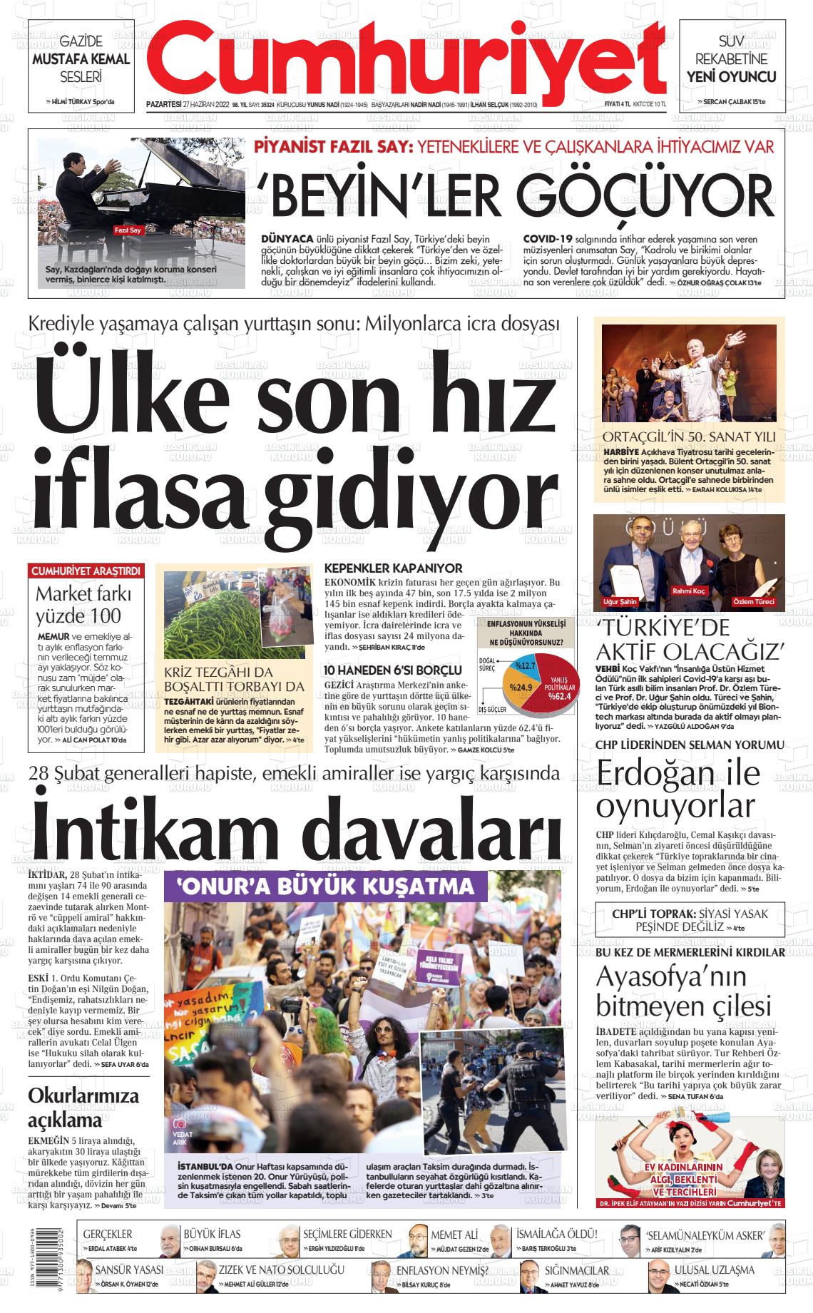 27 Haziran 2022 Cumhuriyet Gazete Manşeti