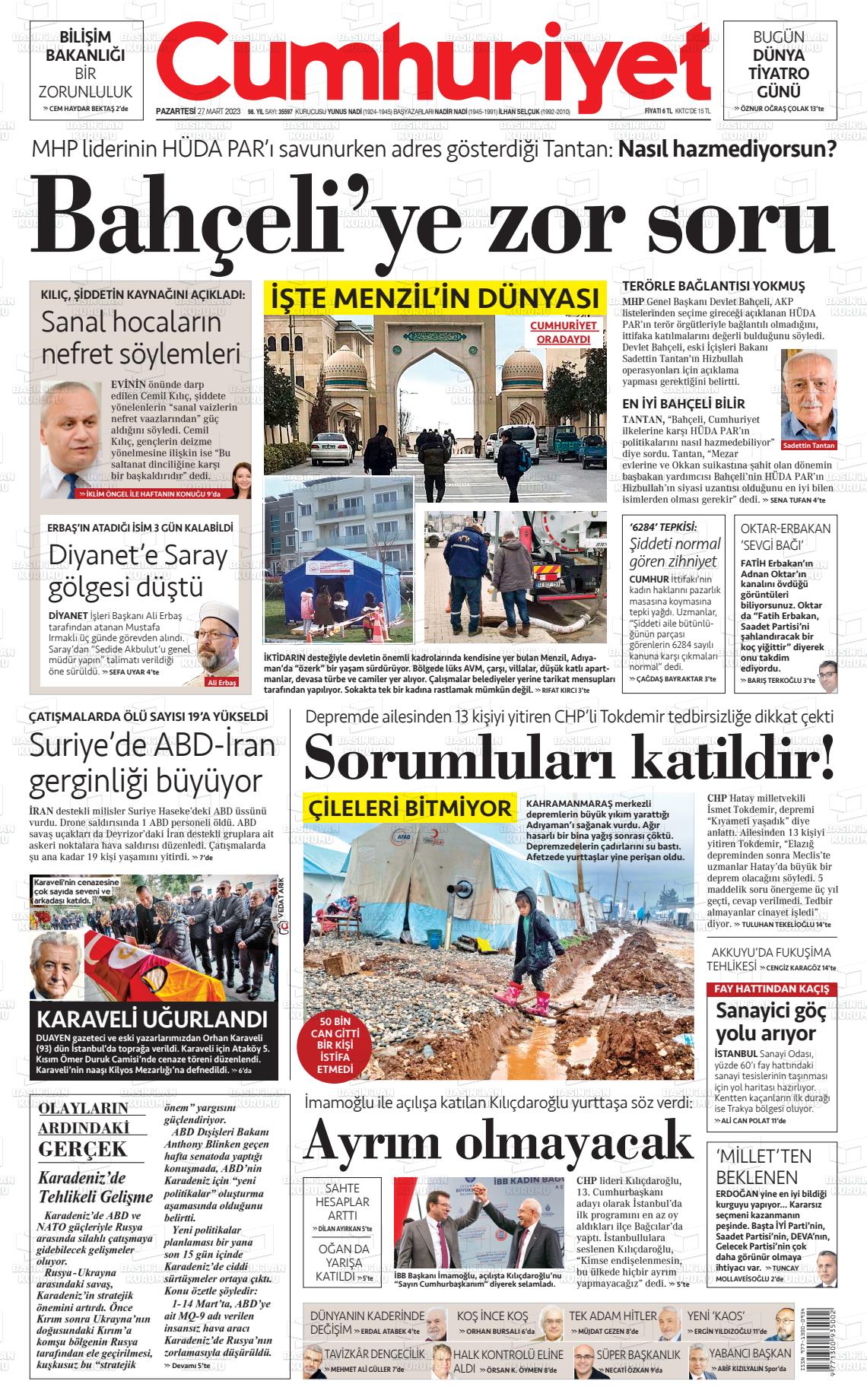 27 Mart 2023 Cumhuriyet Gazete Manşeti