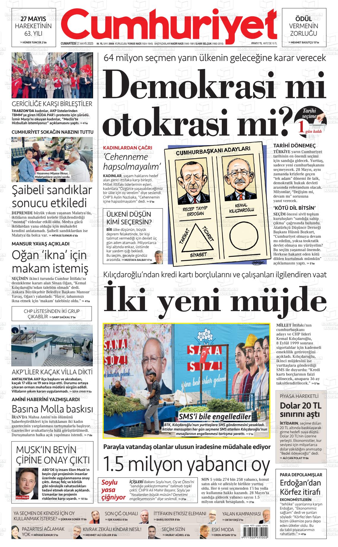 27 Mayıs 2023 Cumhuriyet Gazete Manşeti