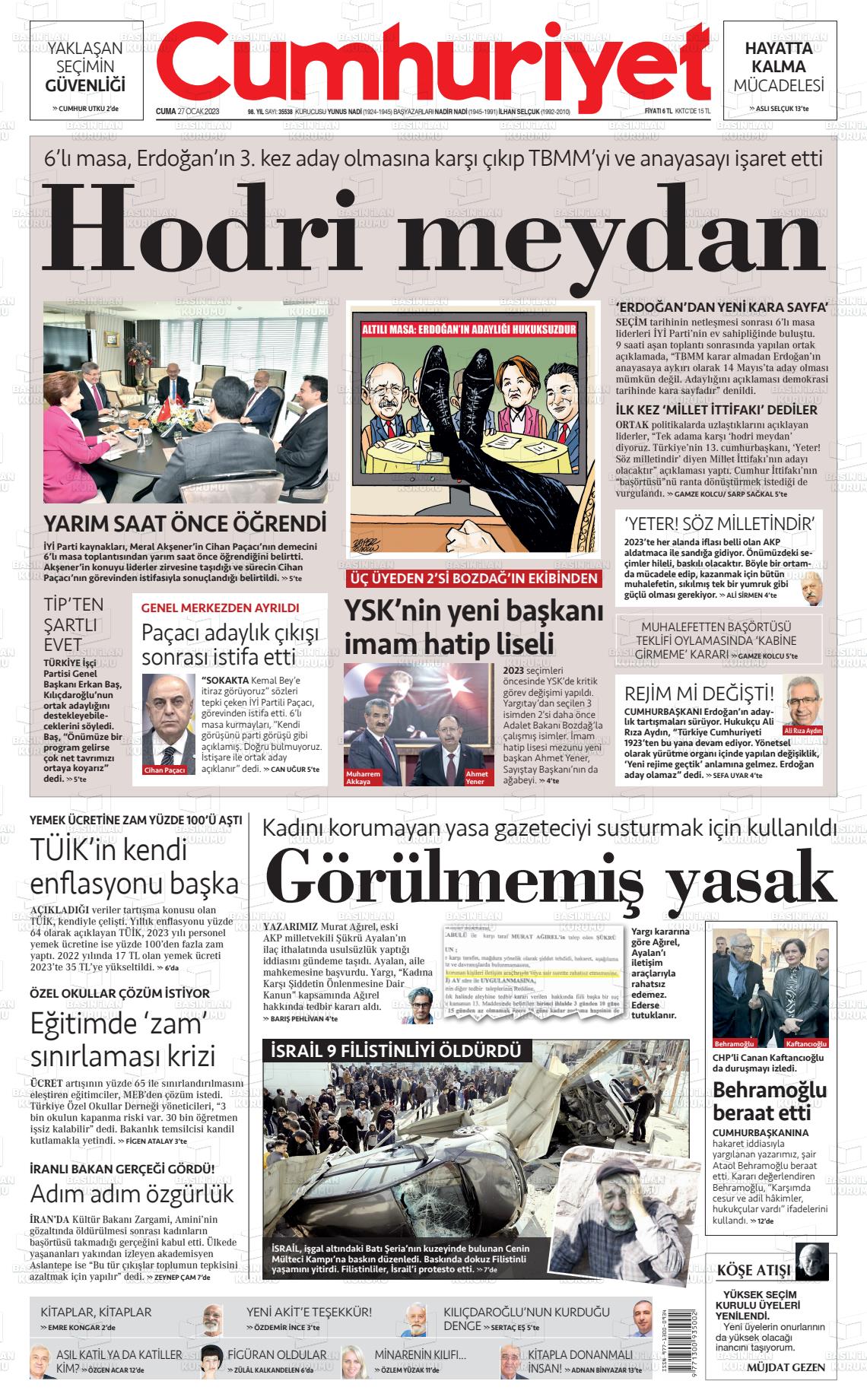 27 Ocak 2023 Cumhuriyet Gazete Manşeti