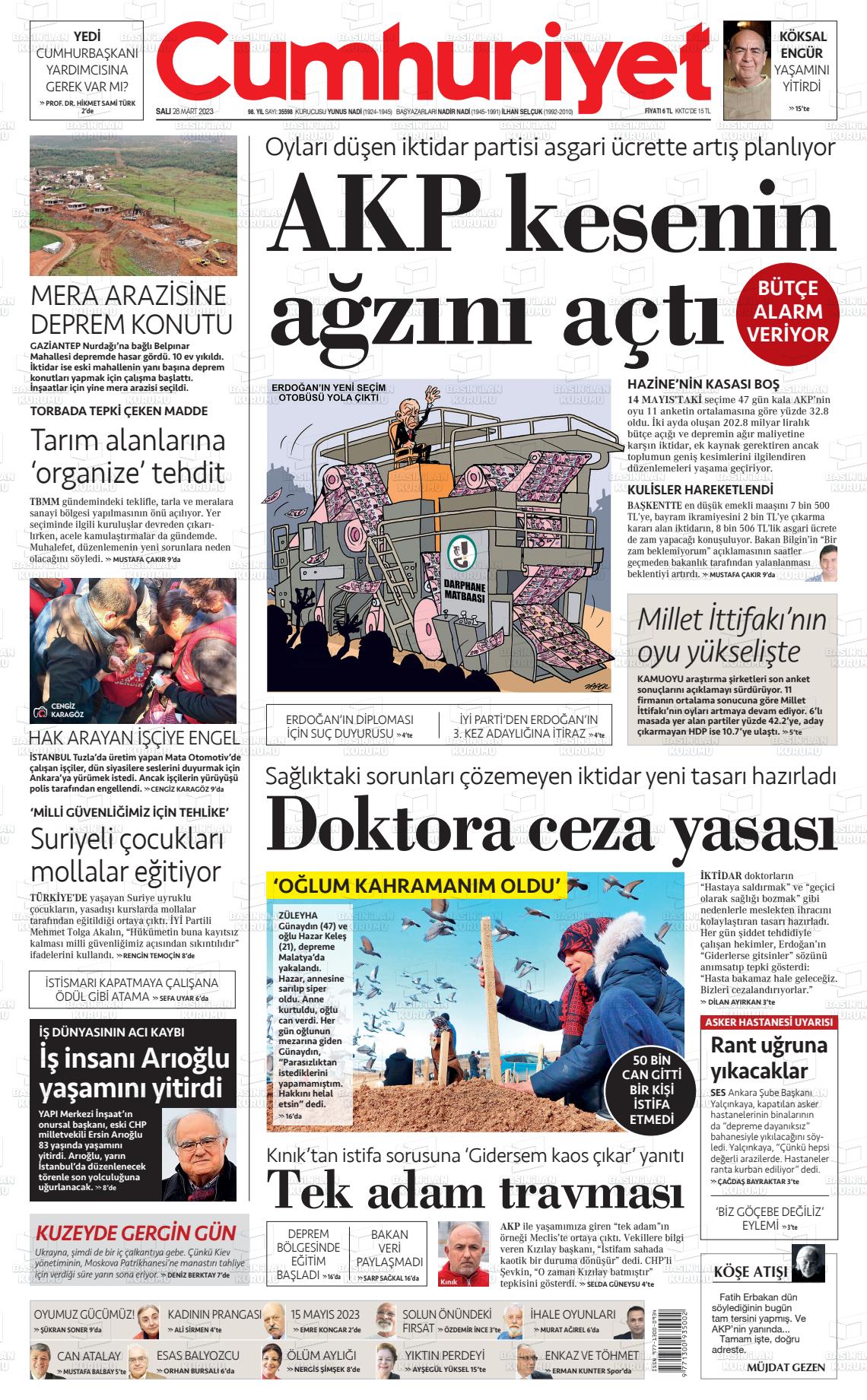 28 Mart 2023 Cumhuriyet Gazete Manşeti