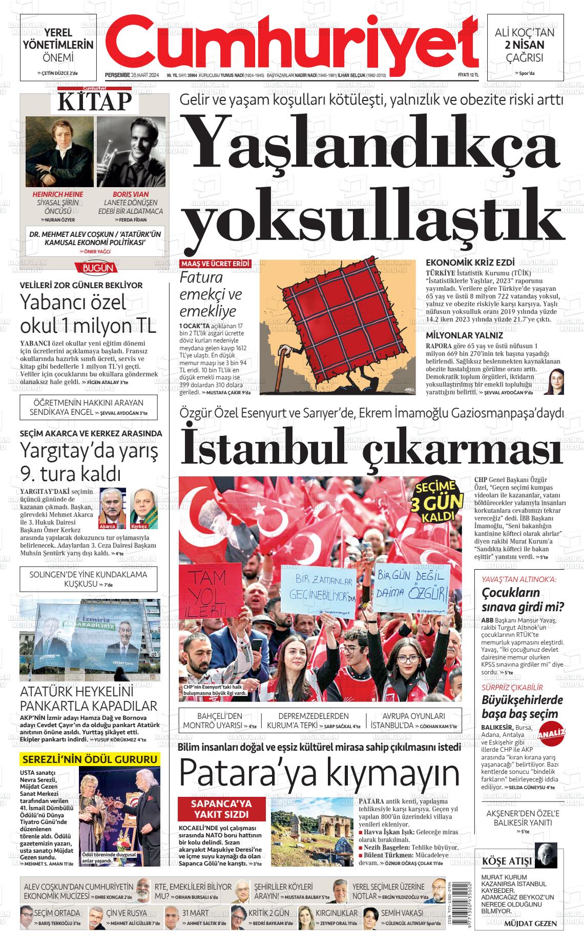 28 Mart 2024 Cumhuriyet Gazete Manşeti