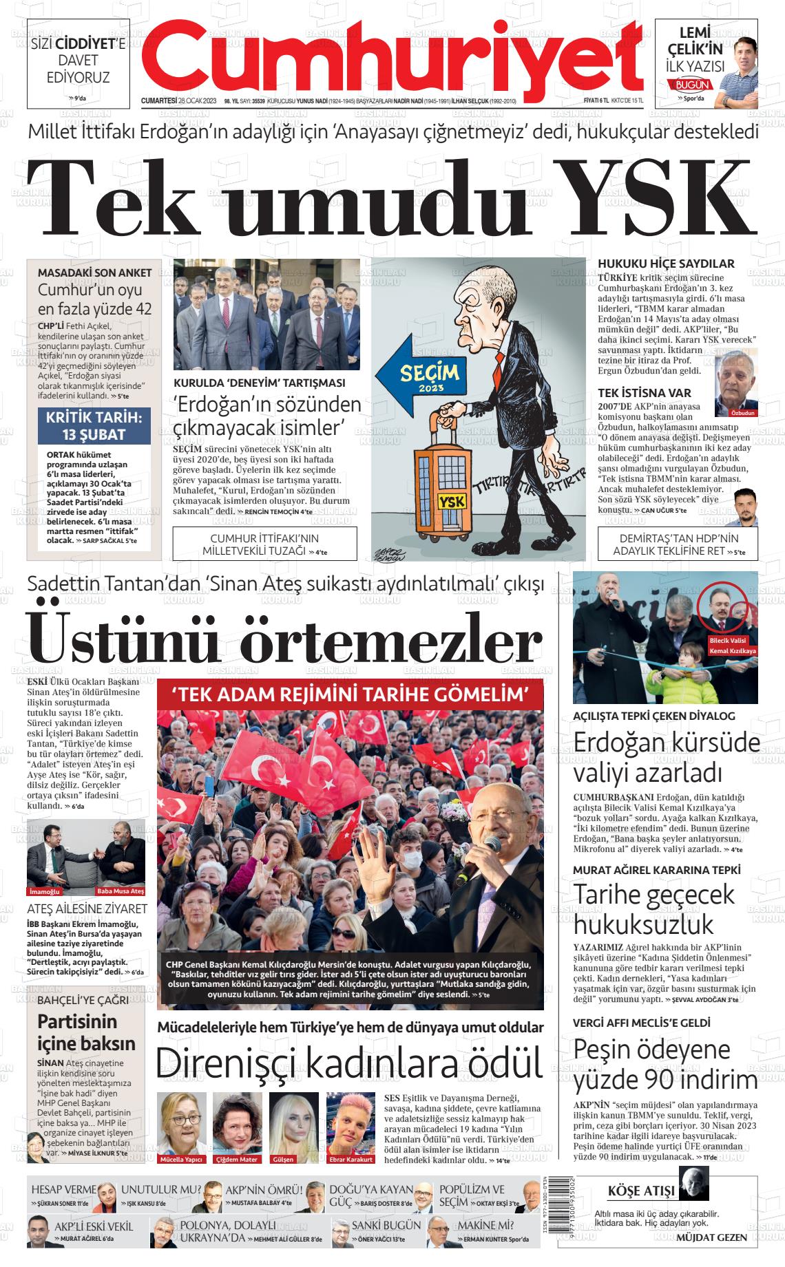 28 Ocak 2023 Cumhuriyet Gazete Manşeti