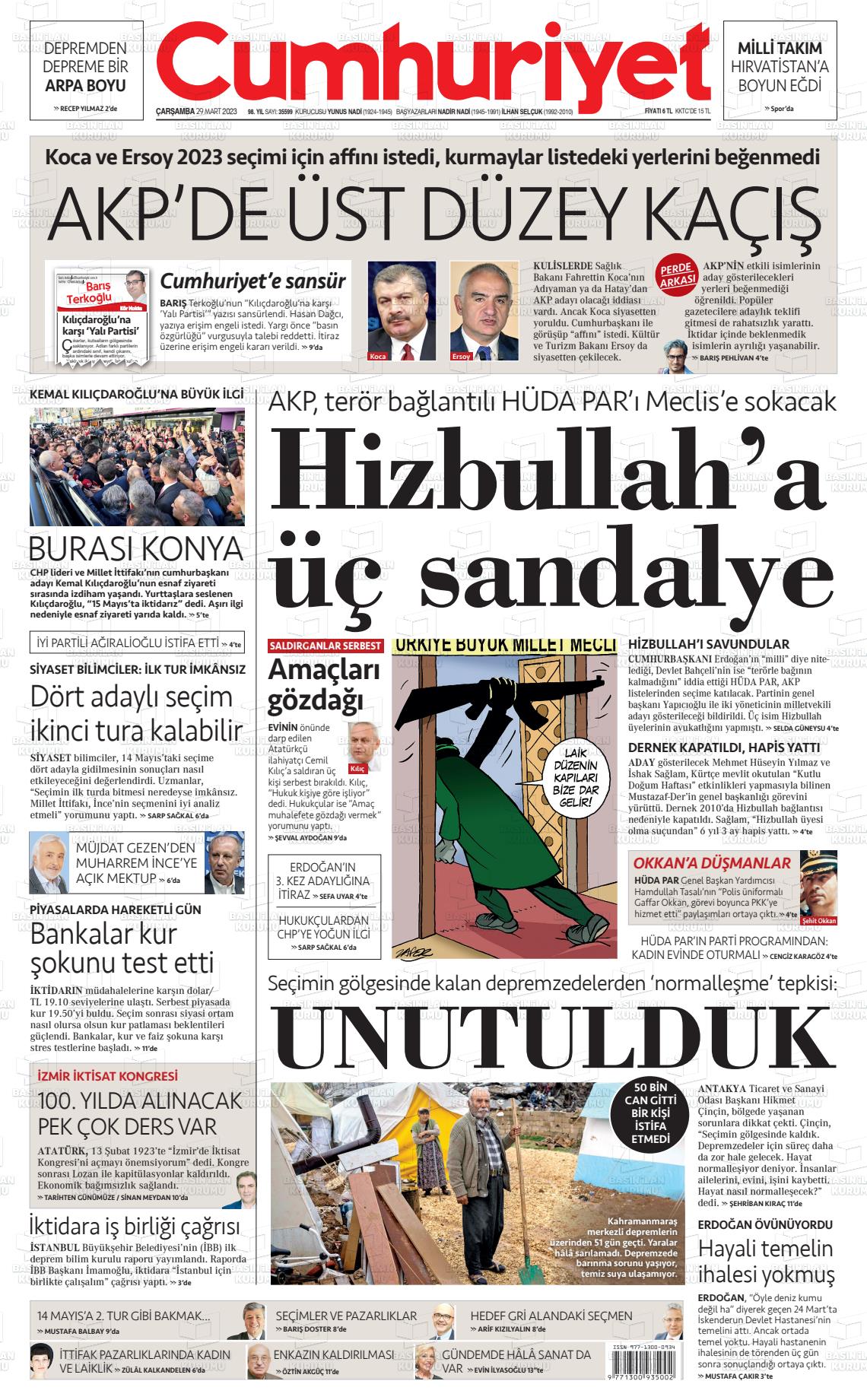 29 Mart 2023 Cumhuriyet Gazete Manşeti