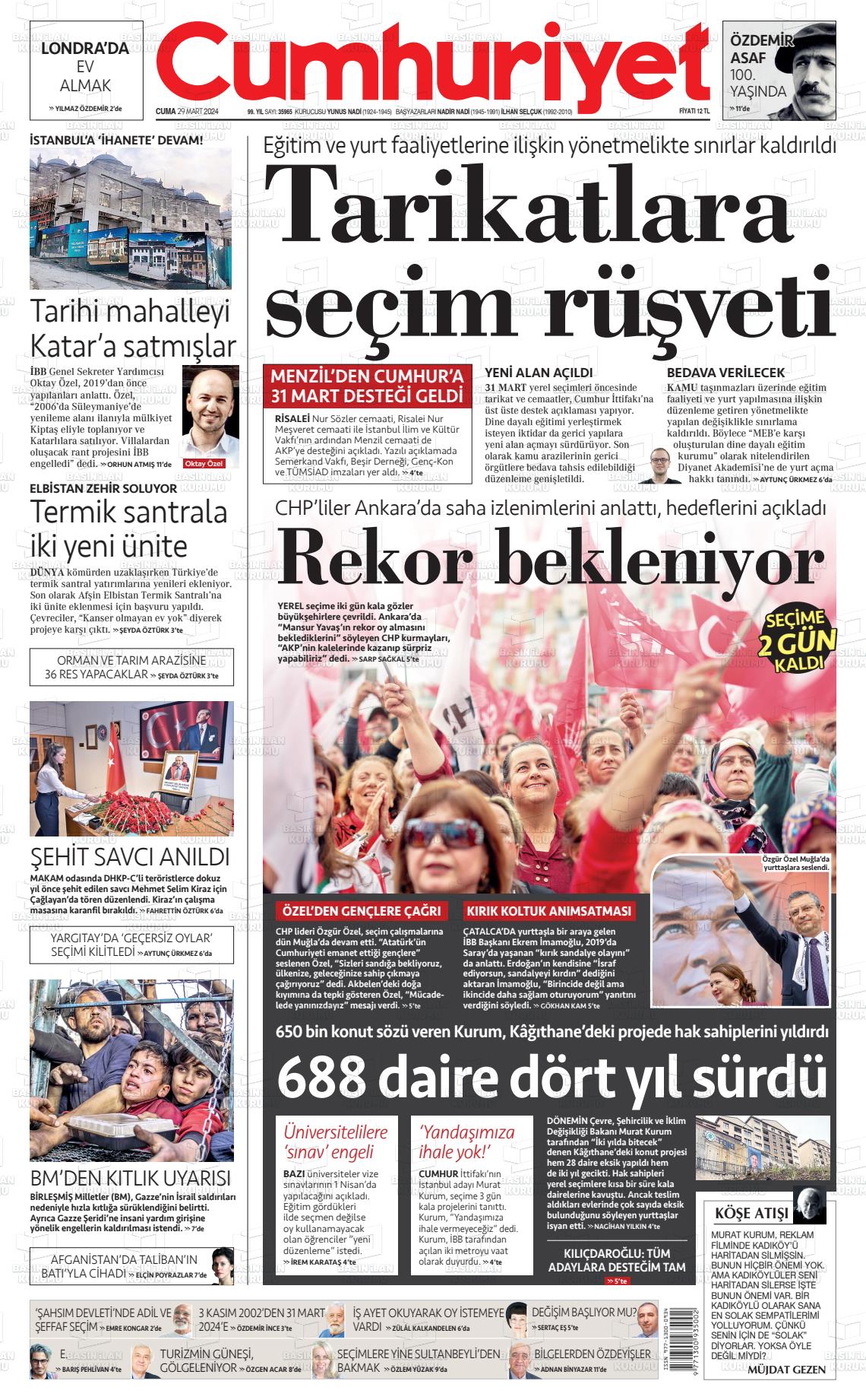 29 Mart 2024 Cumhuriyet Gazete Manşeti