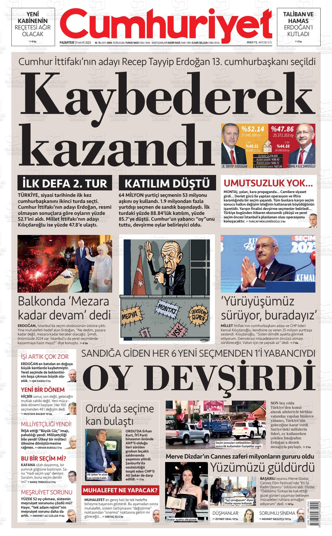 29 Mayıs 2023 Cumhuriyet Gazete Manşeti