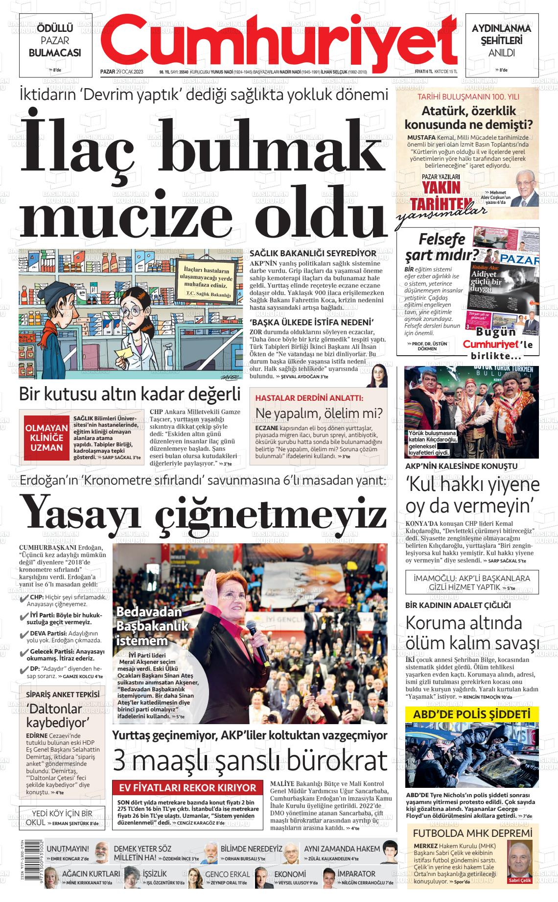 29 Ocak 2023 Cumhuriyet Gazete Manşeti