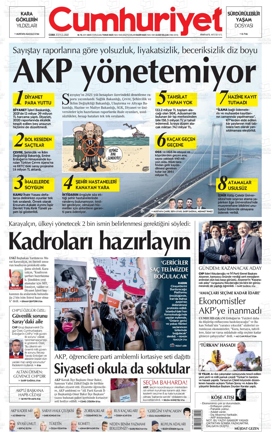 30 Eylül 2022 Cumhuriyet Gazete Manşeti