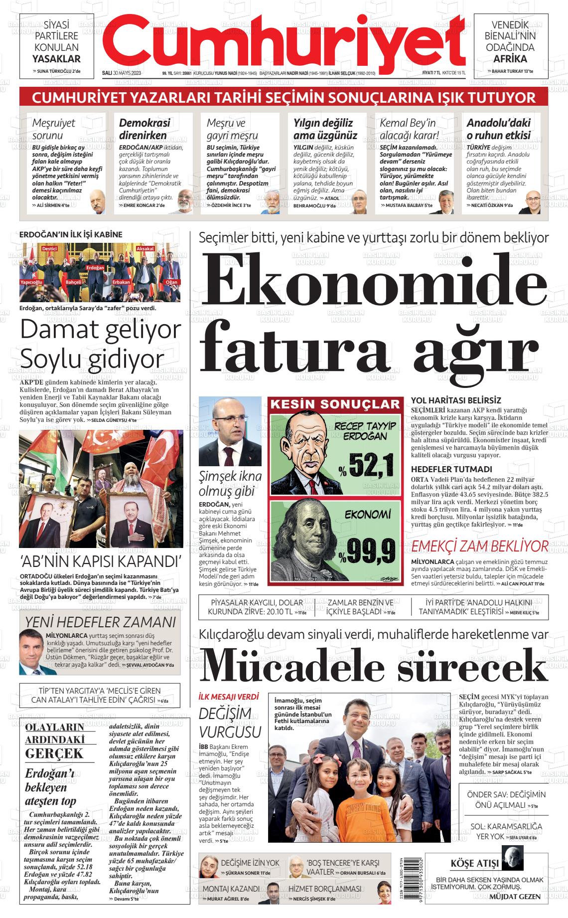 30 Mayıs 2023 Cumhuriyet Gazete Manşeti