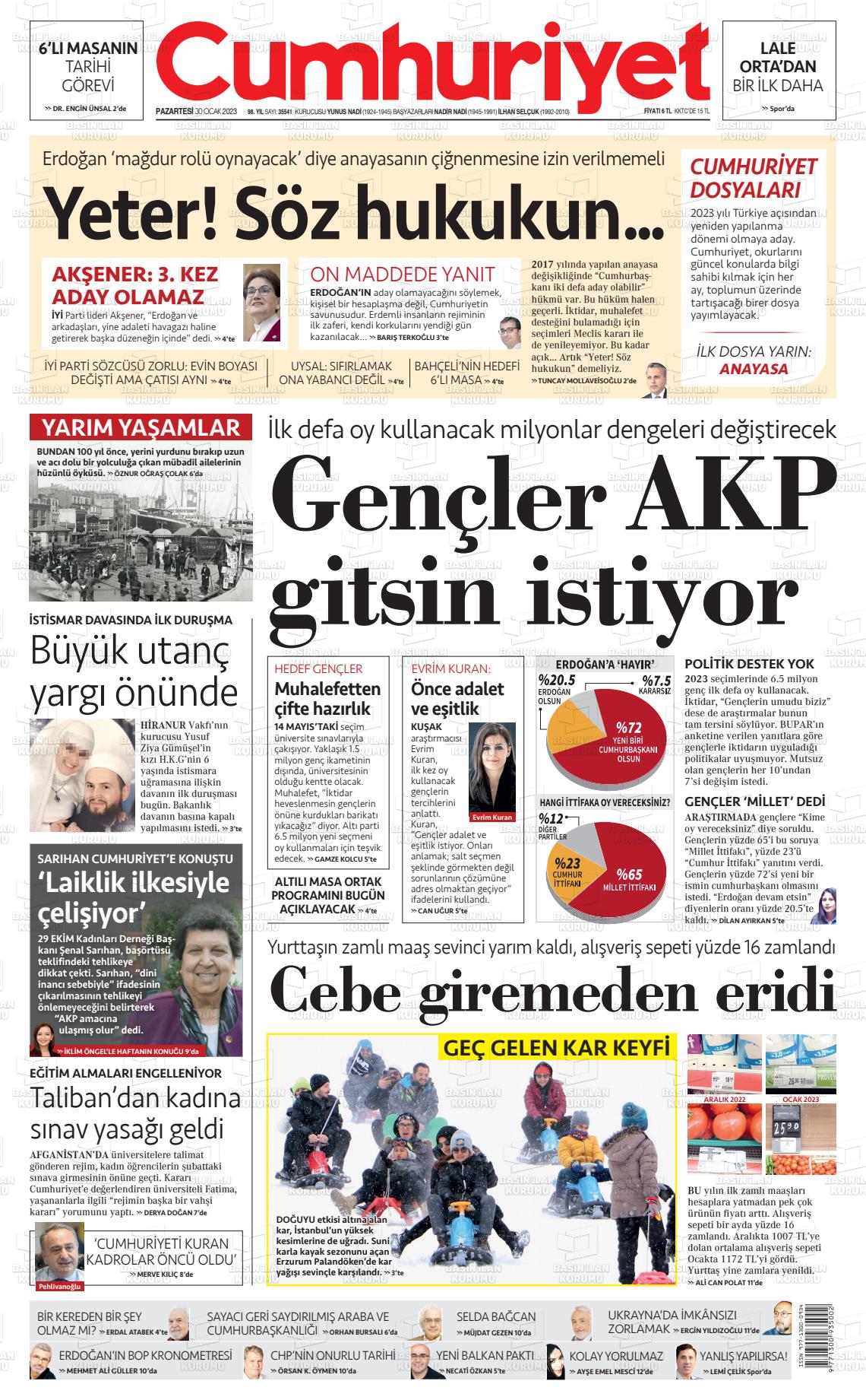 30 Ocak 2023 Cumhuriyet Gazete Manşeti