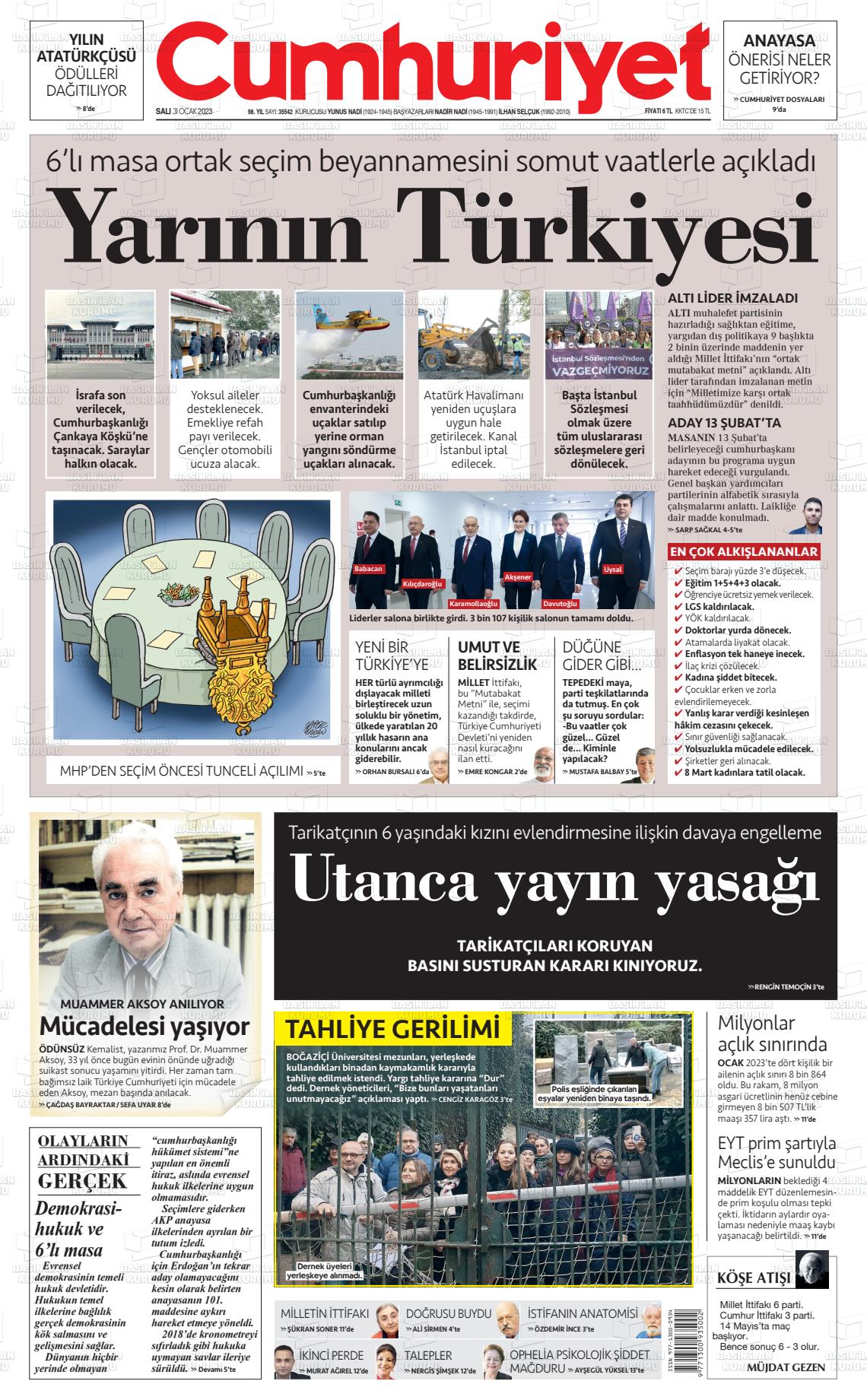 31 Ocak 2023 Cumhuriyet Gazete Manşeti