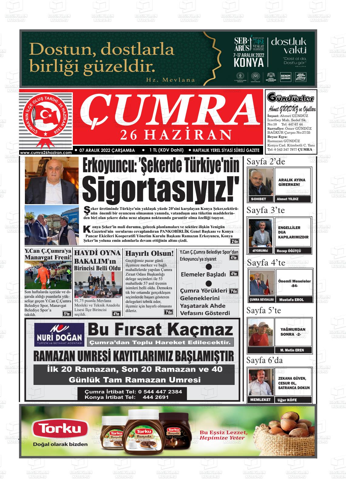 07 Aralık 2022 Çumra 26 Haziran Gazete Manşeti